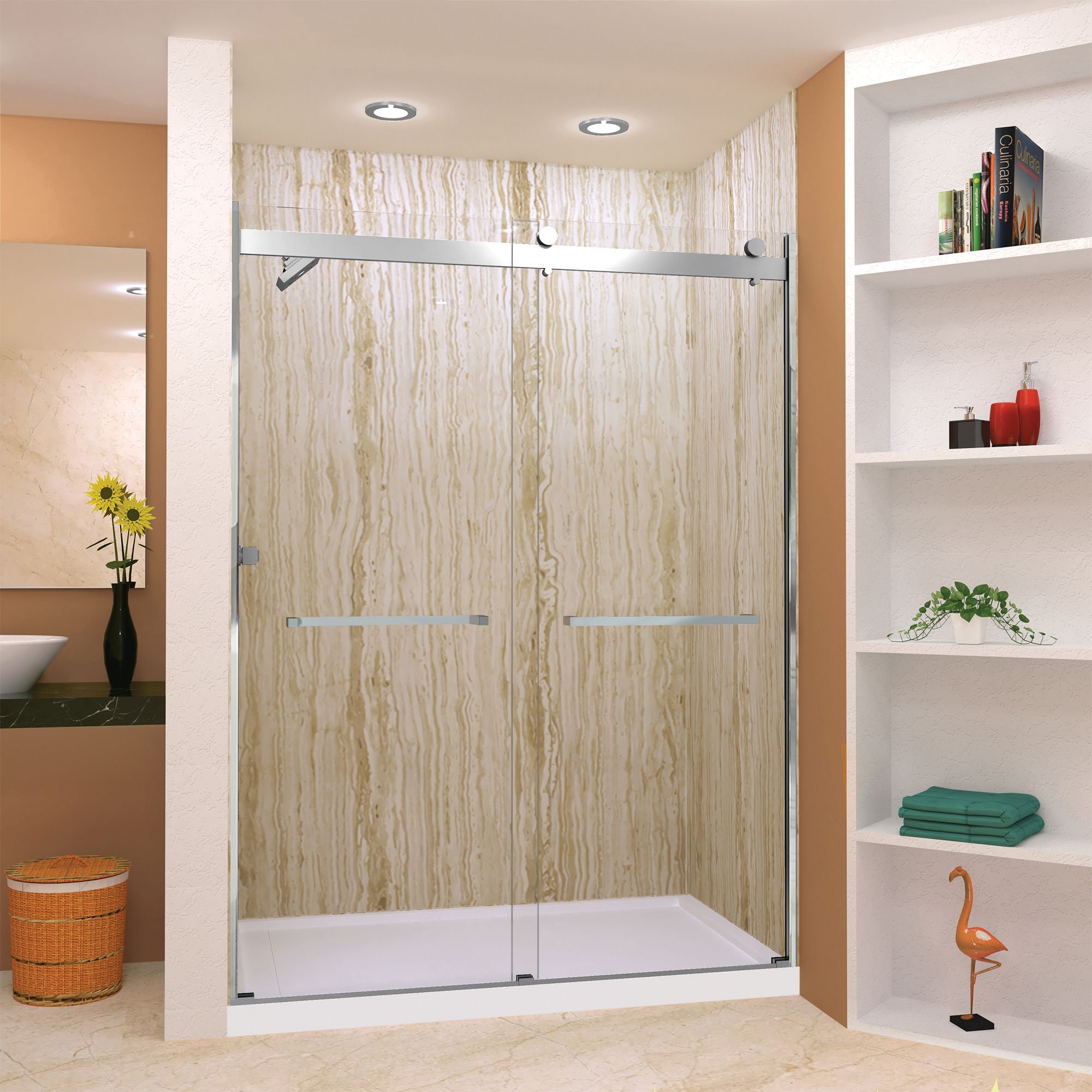 Transolid BRP608008C-S-PC Brianna 60 in. W x 80 in. H Frameless By-Pass Shower Door in Polished Chrome Finish with Clear Glass and Sabrina Handles in