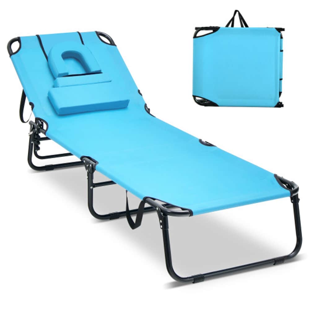 Jive Beach Lounge Black Metal Frame Stationary Beach Chair with Blue Solid Seat