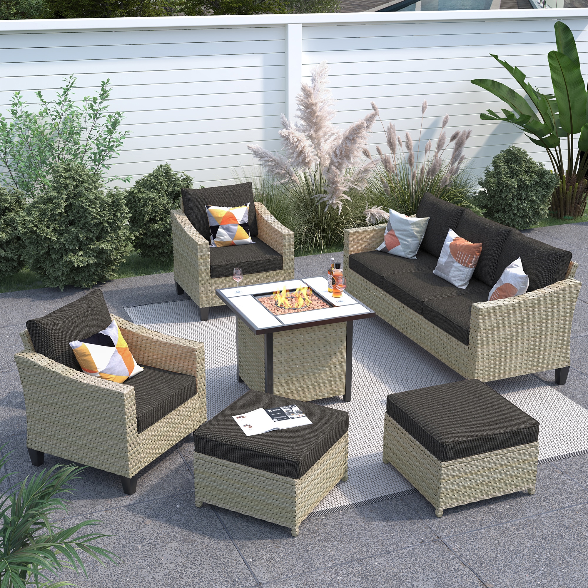 Pouuin SFPDAR105 6 -Piece Wicker Patio Sofa Conversation Set with Black Cushions