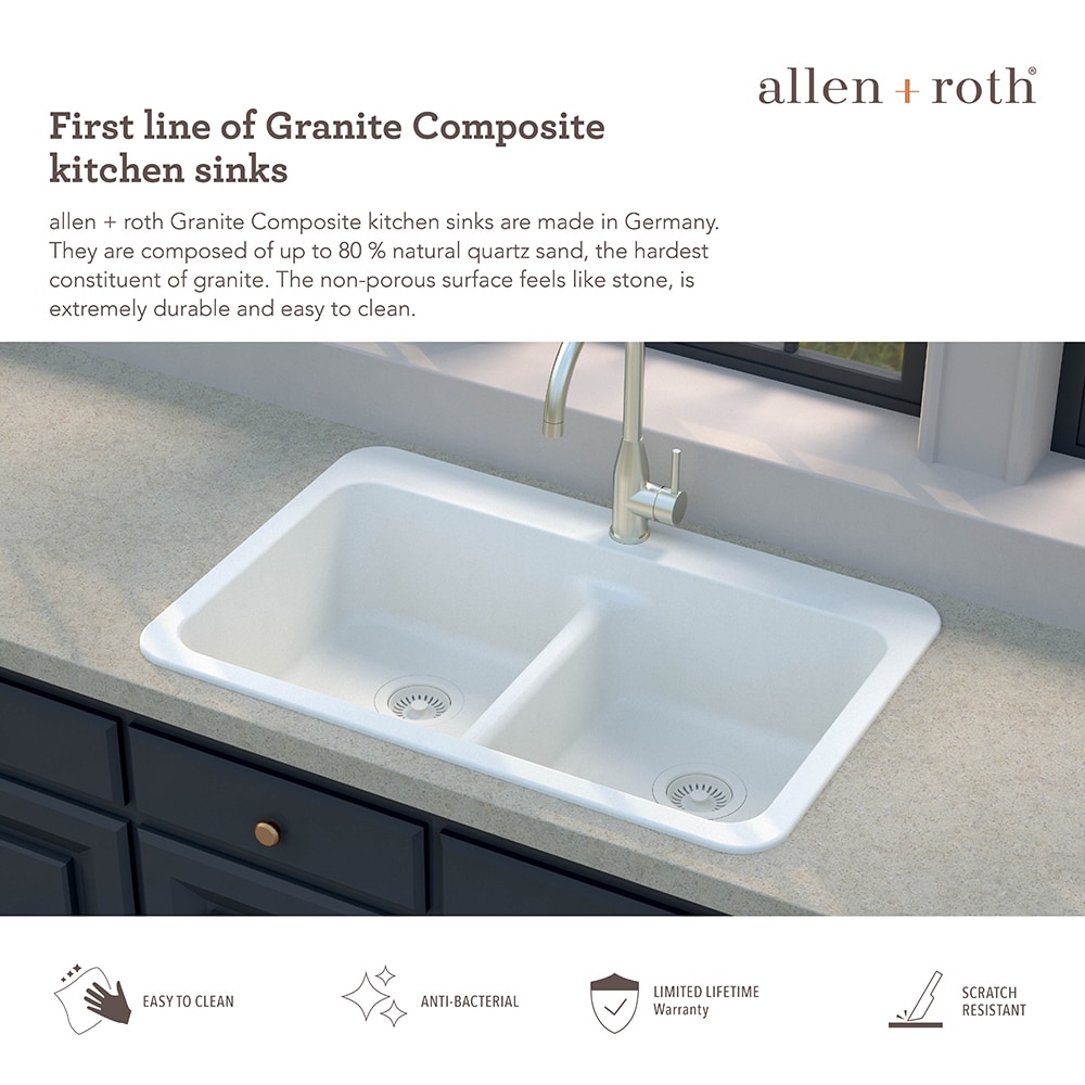 Allen + Roth Kenji Dual-Mount 33-in x 22-in Nero Granite Double Equal Bowl 3-Hole Kitchen Sink in Black | CLTN200DM13