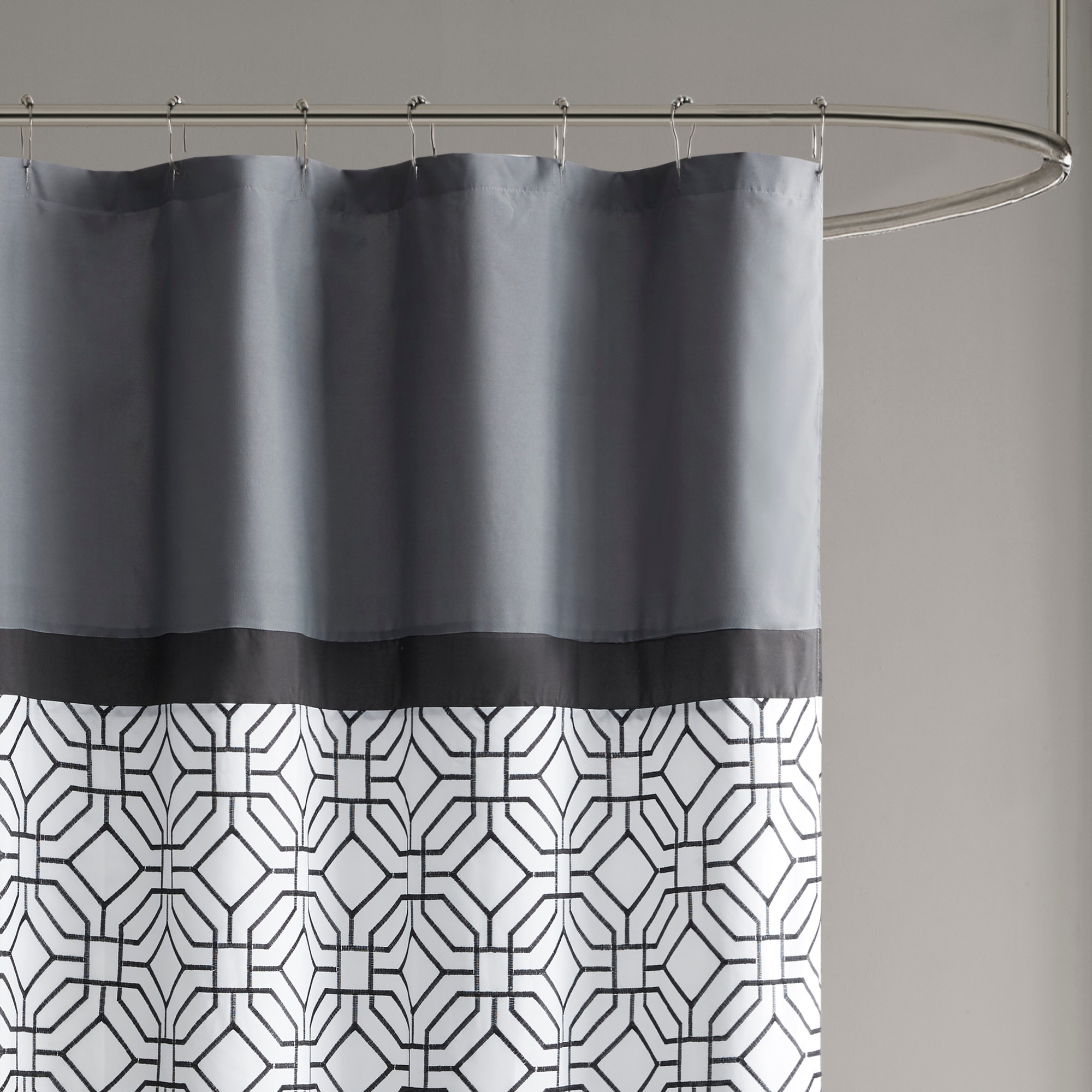 Black and Gray Geometric Embroidered Fabric Shower Curtain with Liner