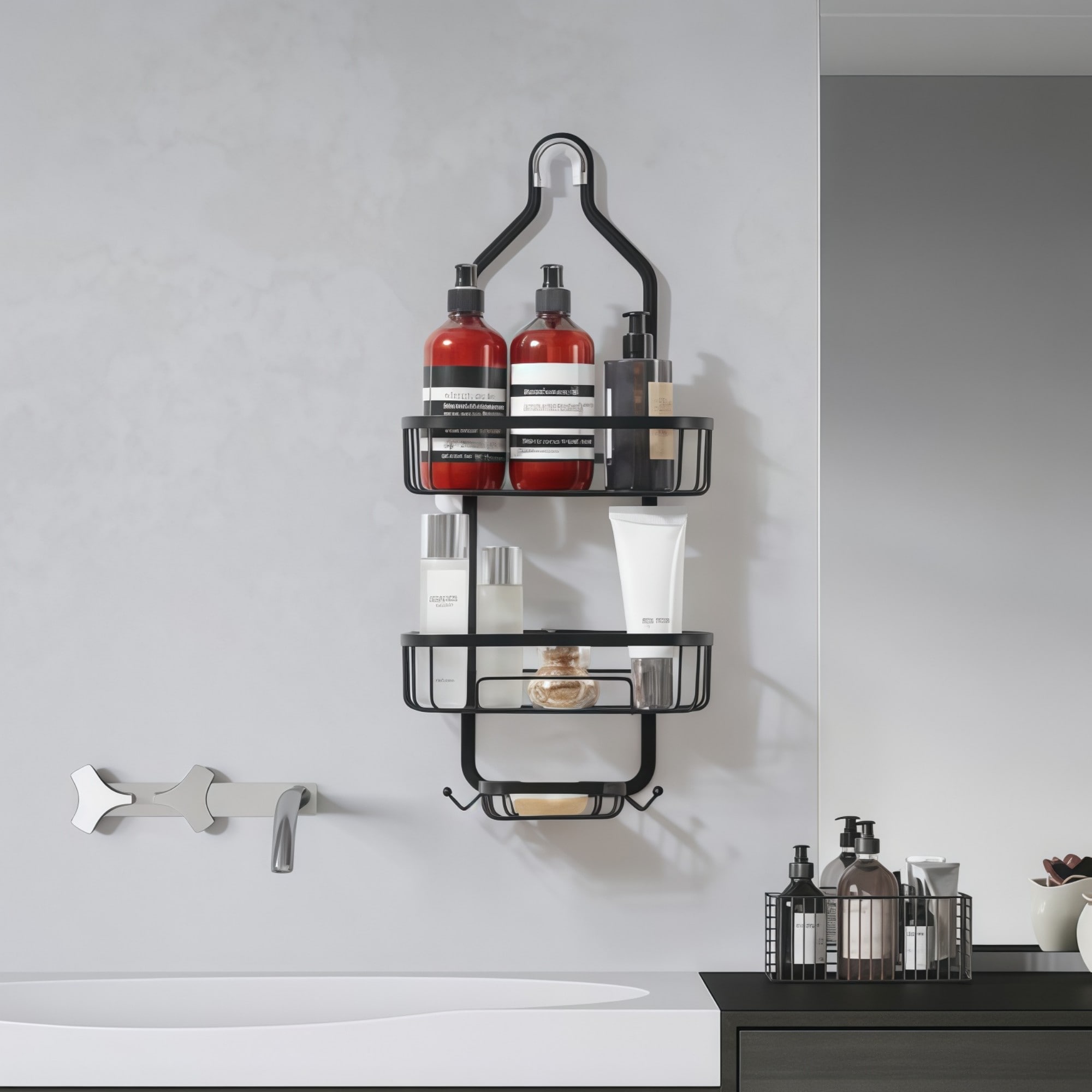 Numhew 24in H 3-Tier Matte Black Hanging Shower Caddy with Soap Holder and Hooks Bathroom Storage Organizer