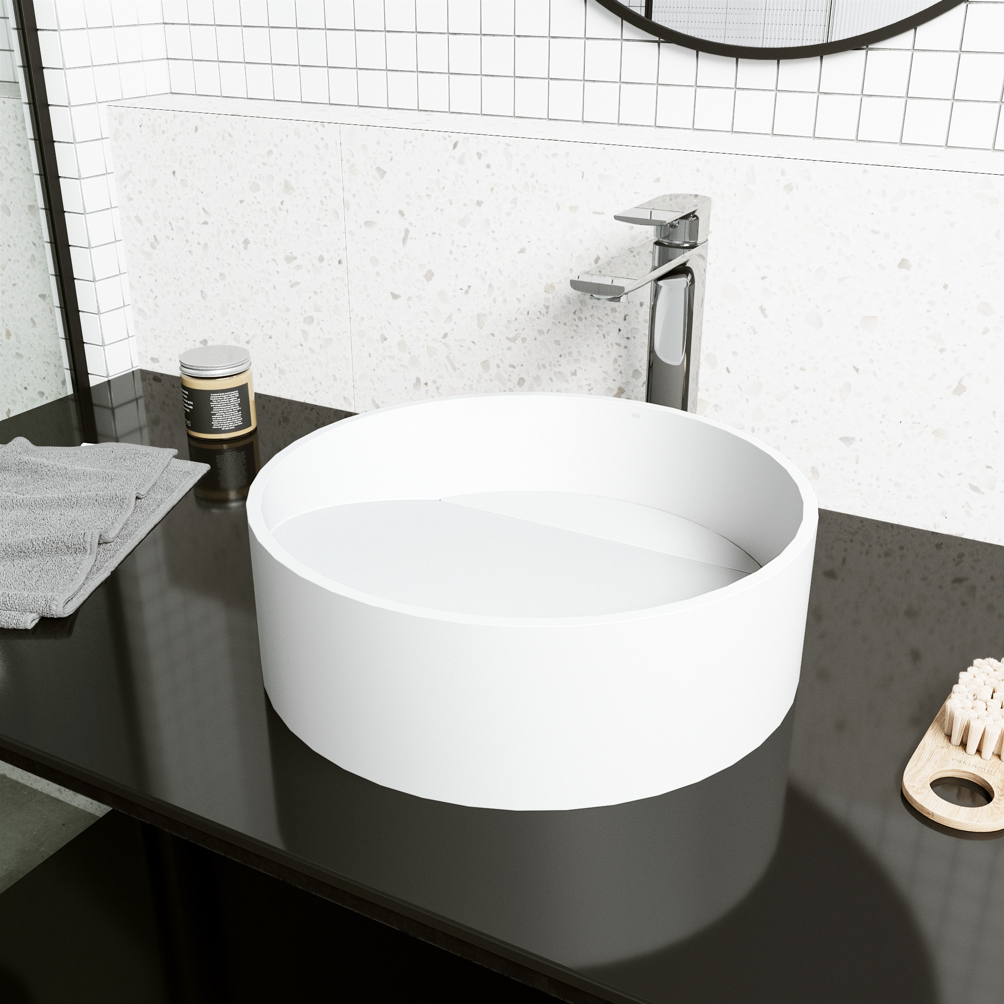 Matte White Round Stone Above-Counter Vessel Sink, 15-inch