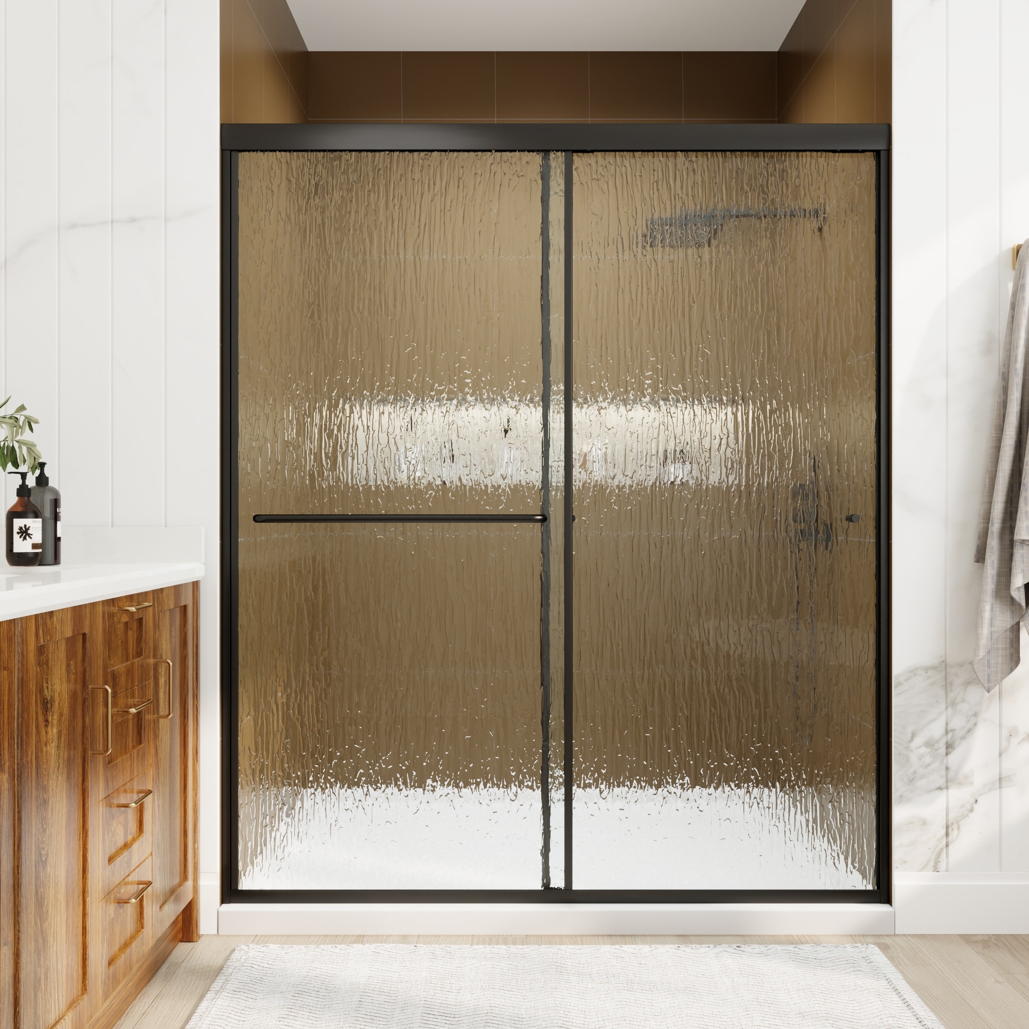 Gtnali Black 56-in to 60-in W x 70-in H Frame Sliding Shower Door with Rain 6mm Tempered Glass Easy Clean Nano Coated Glass Towel Bar and Reversible Installation