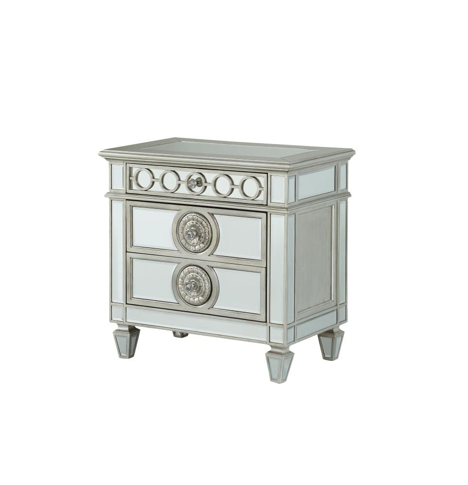 Elegant Silver Mirrored 2-Drawer Nightstand with Geometric Trim