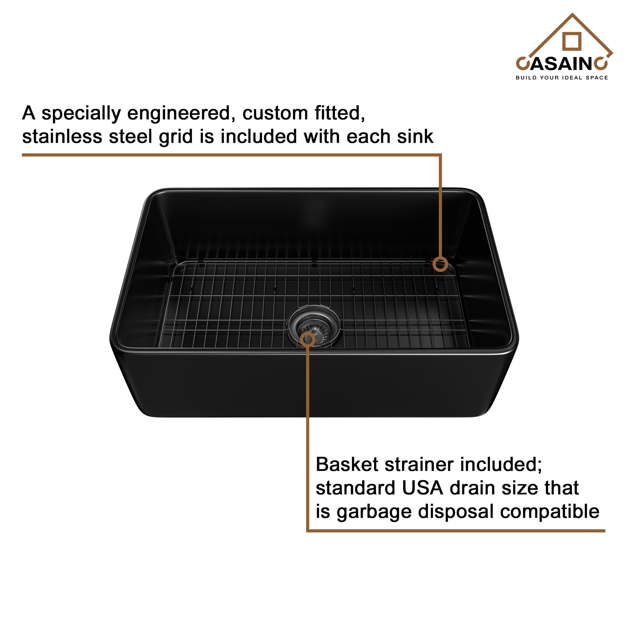 CASAINC Farmhouse Apron Front 30-in x 18-in Black Fireclay Single Bowl ...