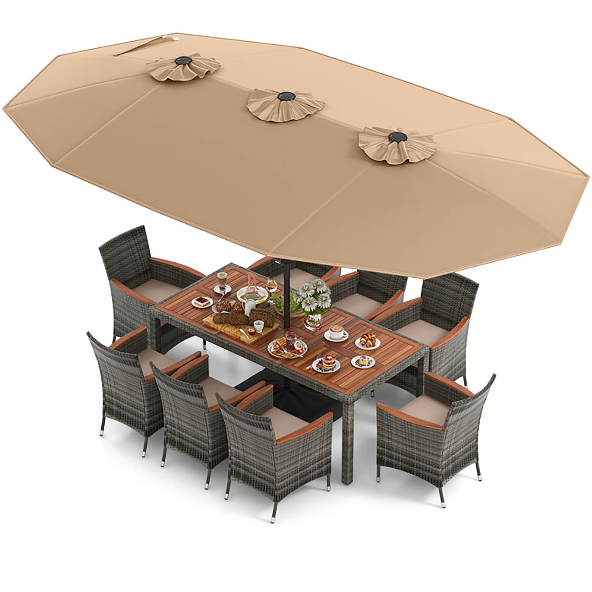 CASAINC CA-84ATE5 10 -Piece Gray Rattan Patio Dining Set Wood Rectangle Table with 8 Brown Cushions Stationary Chairs and Umbrella Included