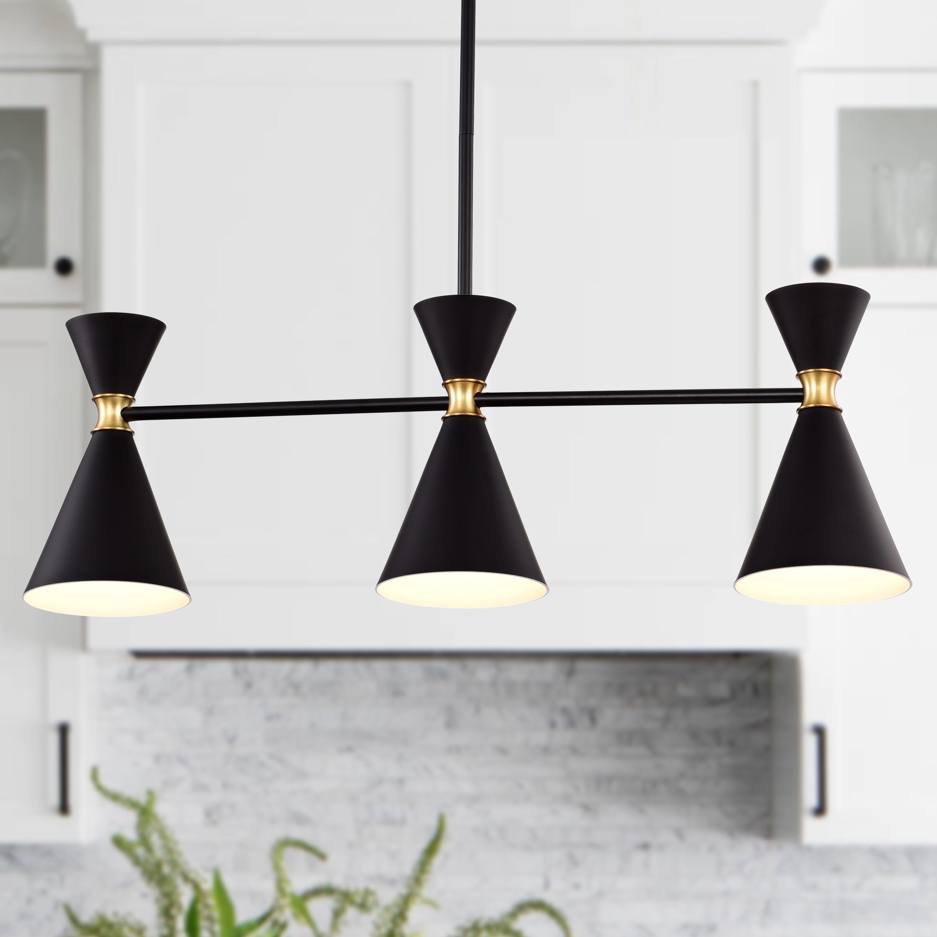 Modern Hourglass 3-Light Island Pendant in Black with Brass Accents