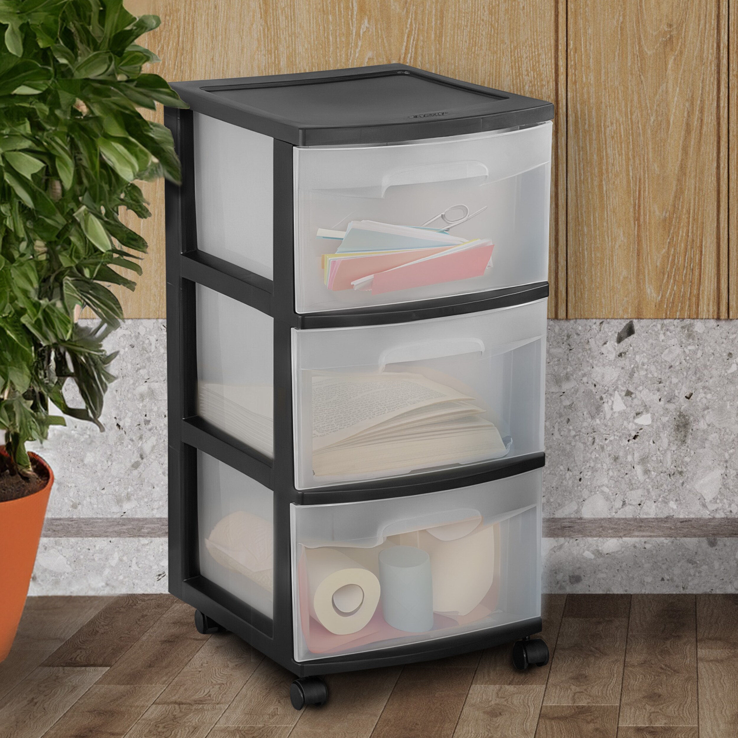 Sterilite 2 Pack 3 Drawers Black Rolling Plastic Storage Drawer 25.62 in H x 12.62 in W x 14.5 in D