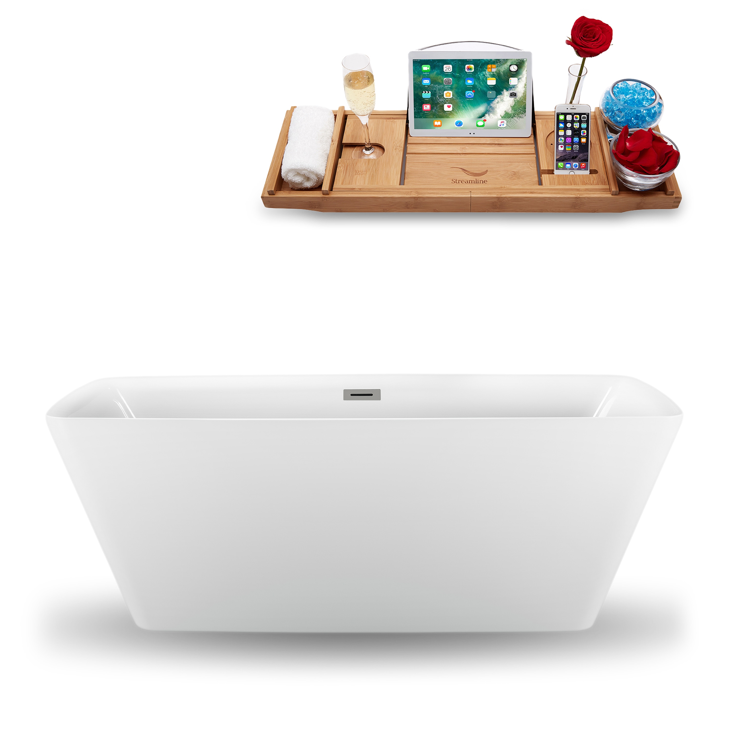 Streamline N1261BNK 28.3-in x 59.1-in Glossy White Acrylic Rectangular Freestanding Soaking bathtub with Drain ( Center Drain )