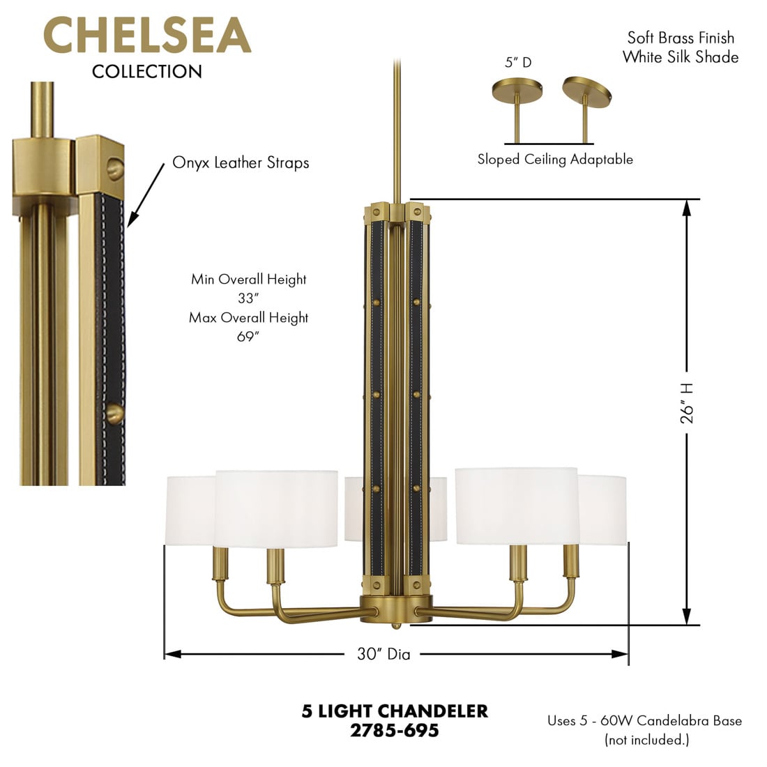 Chelsea Soft Brass 5-Light Chandelier with White Silk Shades
