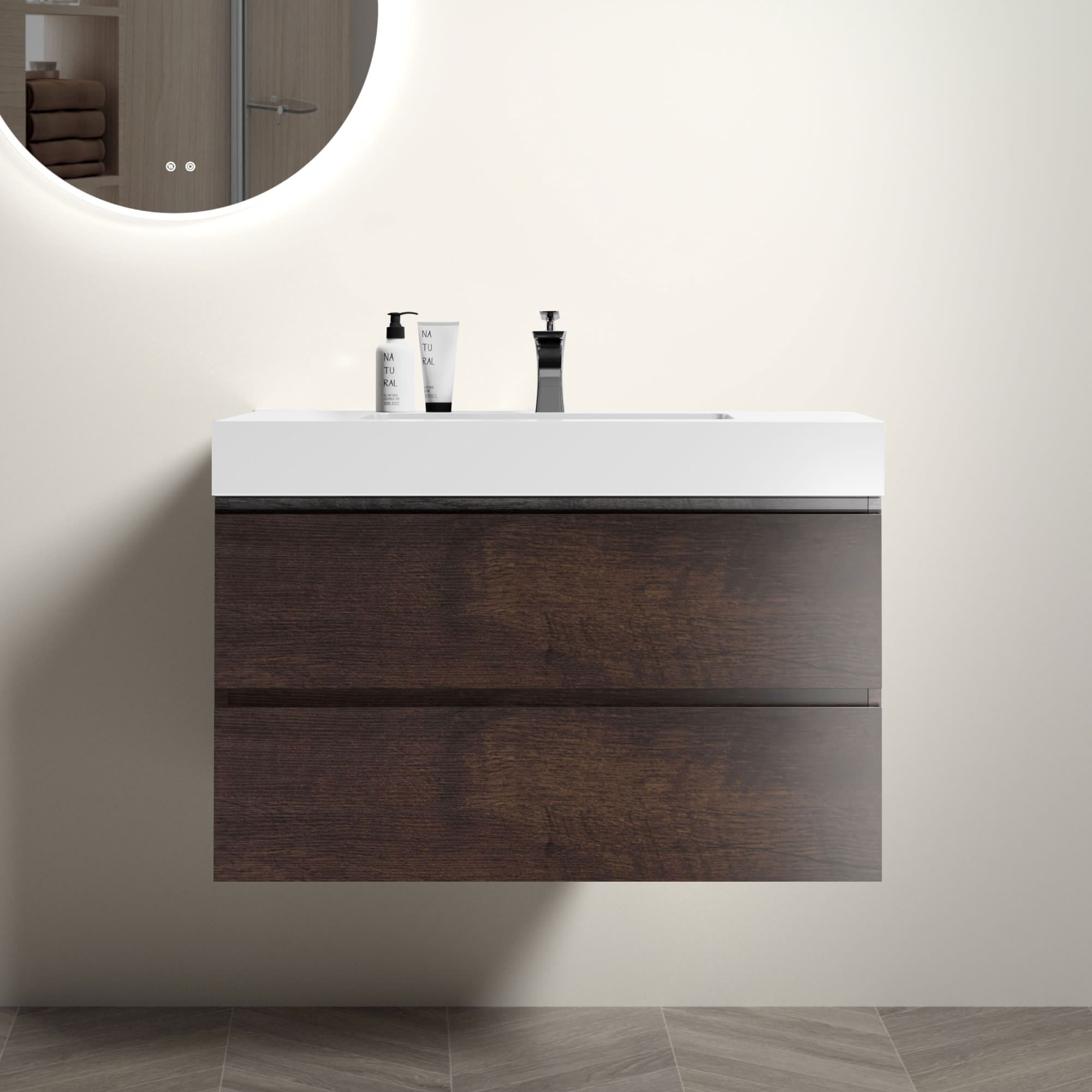 Roomfitters -  36-Inch Walnut Wall Mount Floating Bathroom Vanity Set with Large Storage and Whit...