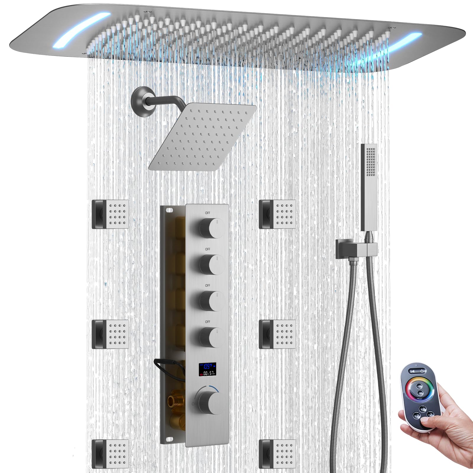 CYIKE  16X26 Inch Shower System with Body Jets Handheld Spray 8 Inch Wall Mounted Rain Shower Head 4 Way Temperature Digital Display Brushed
