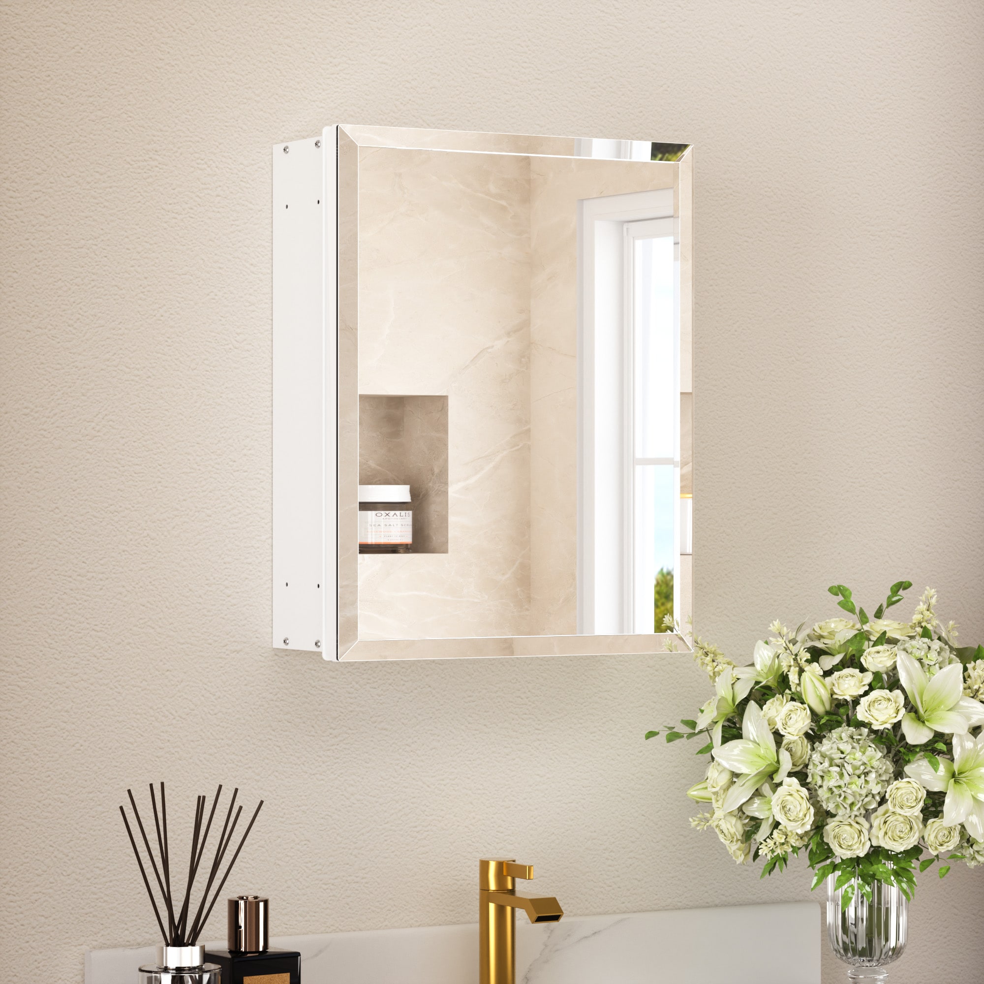TETOTE 14 x 18 in White Frameless Surface/Recessed Aluminum Beveled Mirrored Rectangle Medicine Cabinet With Adjustable Shelves