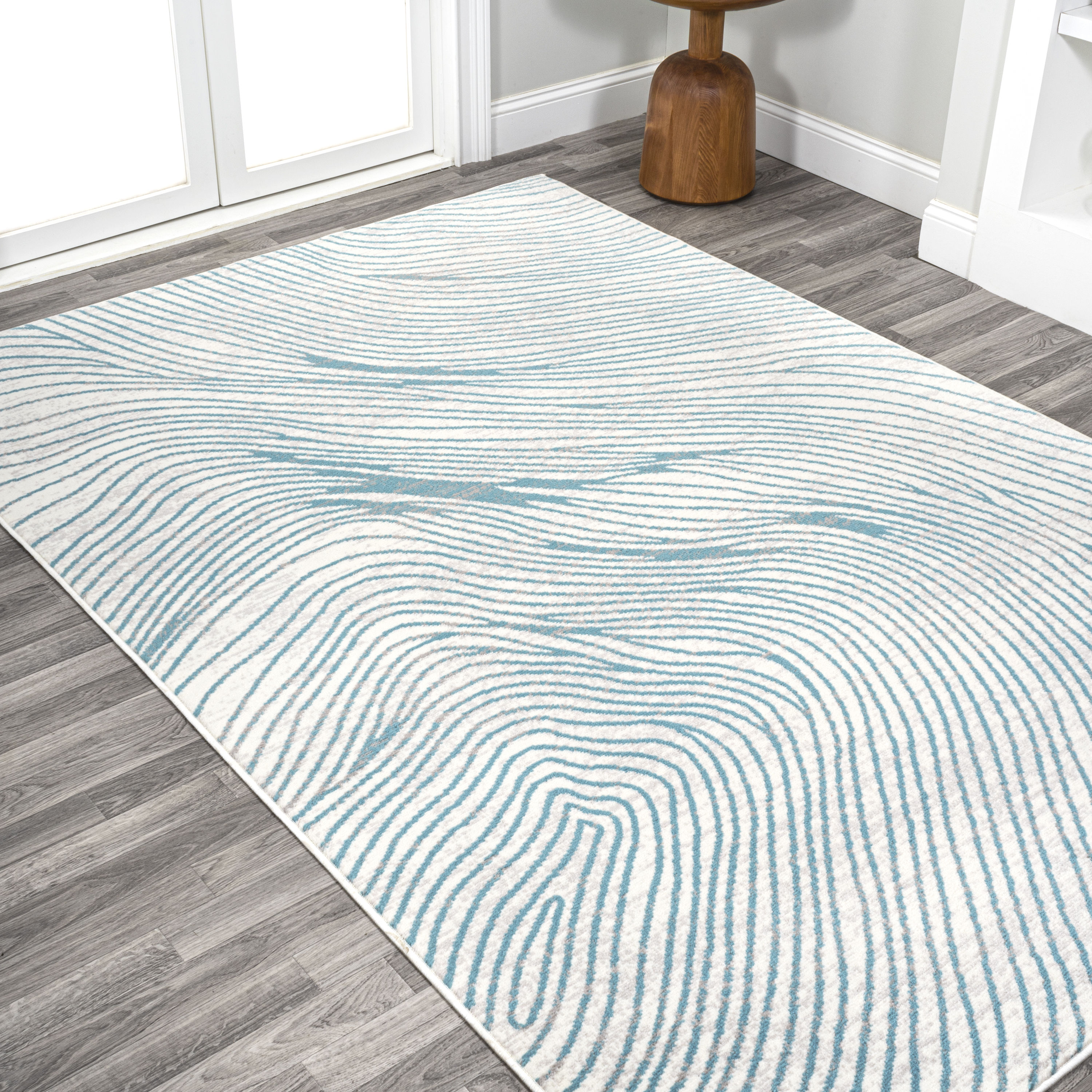 Blue and White Geometric Synthetic Reversible Area Rug