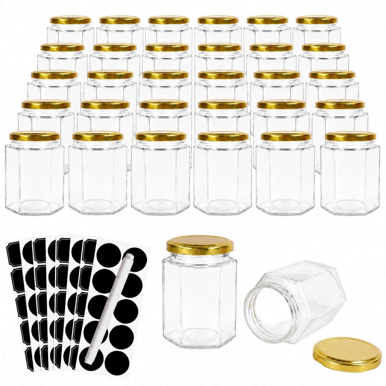 Aoibox  30 Pack 6 oz Hexagon Glass Jars with Gold Lids Labels and Pen for Jams and Favors with 30 jar 6 ounce set