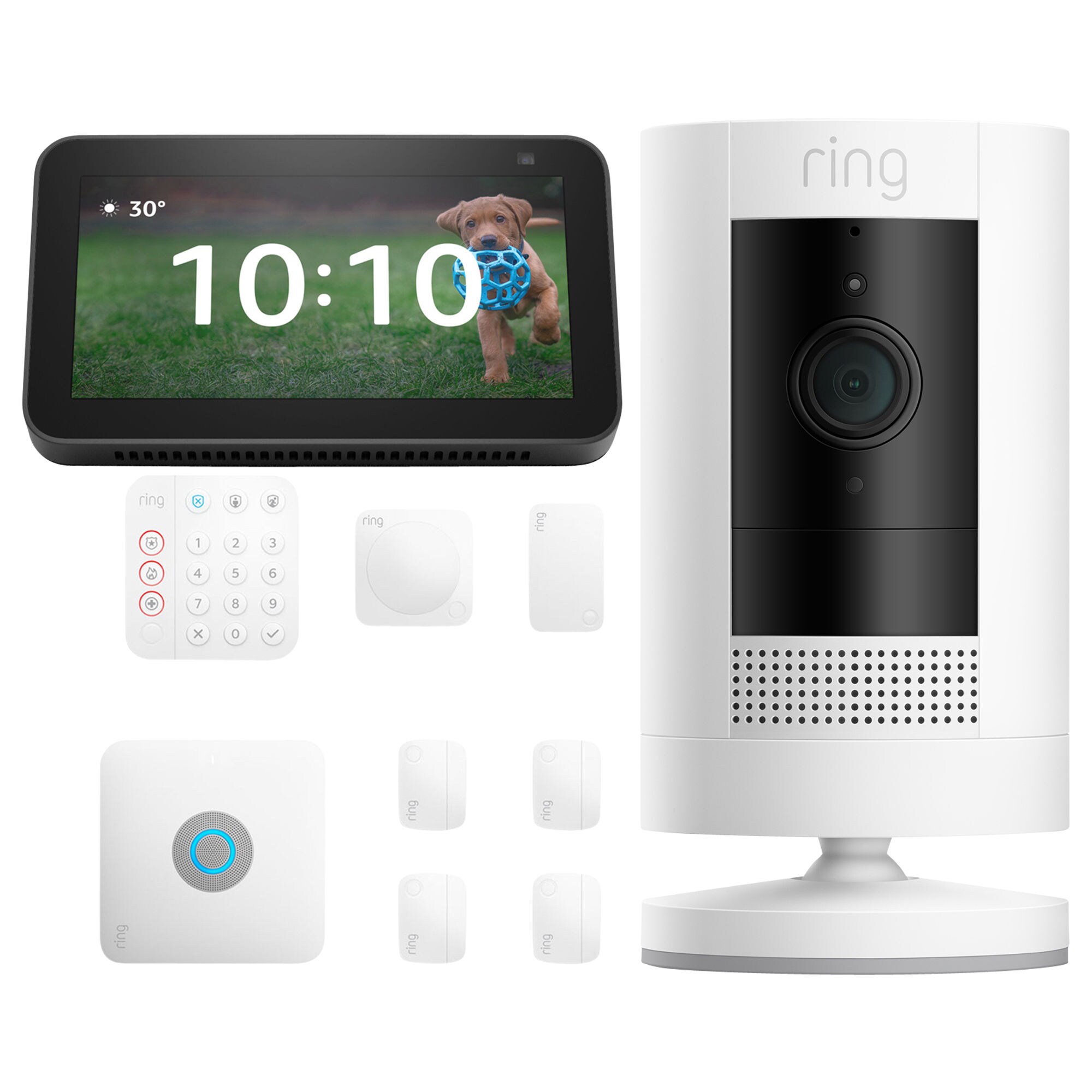 Ring Alarm Pro 8-pc + Ring Stick Up Camera Battery - White + Amazon Echo  Show 5 - Black Bundle