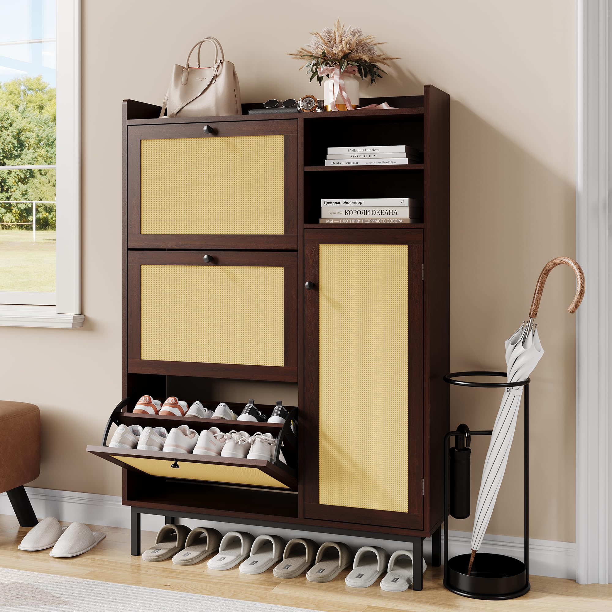 IdealHouse Modern Rattan Shoe Cabinet for Entryway 3 Turnover flop Drawers 5 Tier Shelves Freestanding Storage Organizer Sleek Hallway Furniture