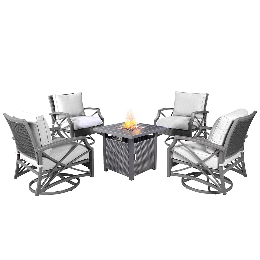 Kinger Home FP-005TGRY-SET-GRY-4 Lark 5-Piece Rattan Patio Conversation Set with Gray Cushions