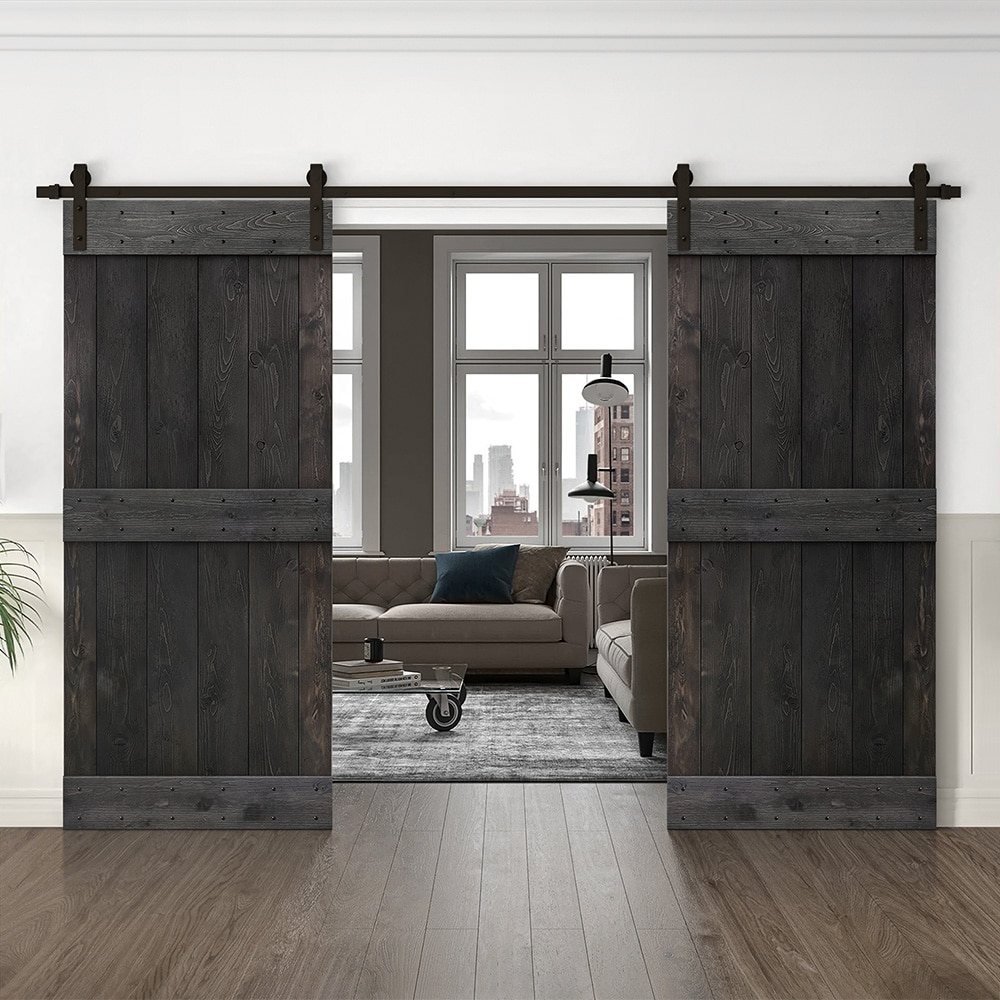 CALHOME 72-in x 84-in Charcoal Black Pine Wood Double Barn Door ...