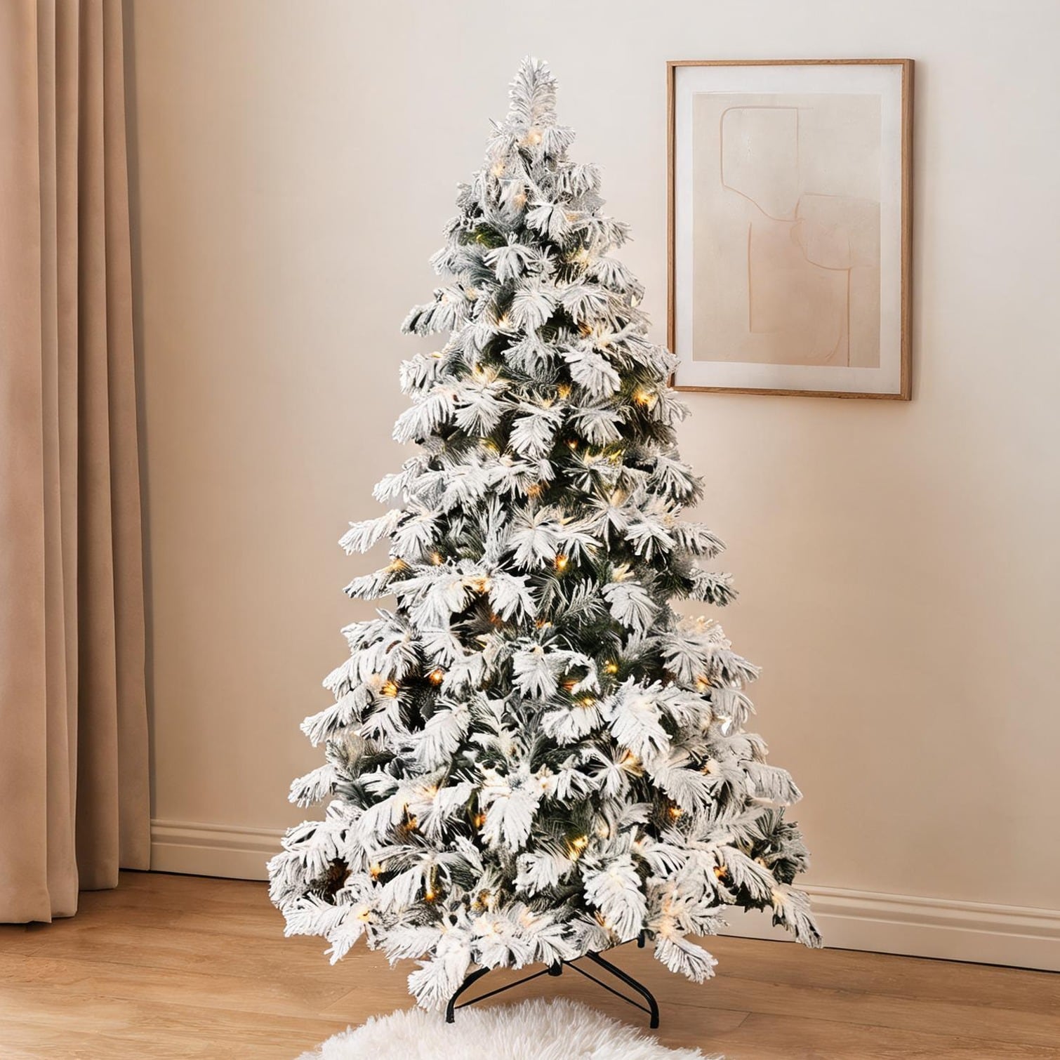 chillscreamni Indoor Flocked Fir Christmas Tree with White LED Lights 8-Foot Height Hinged Branches and Foldable Stand
