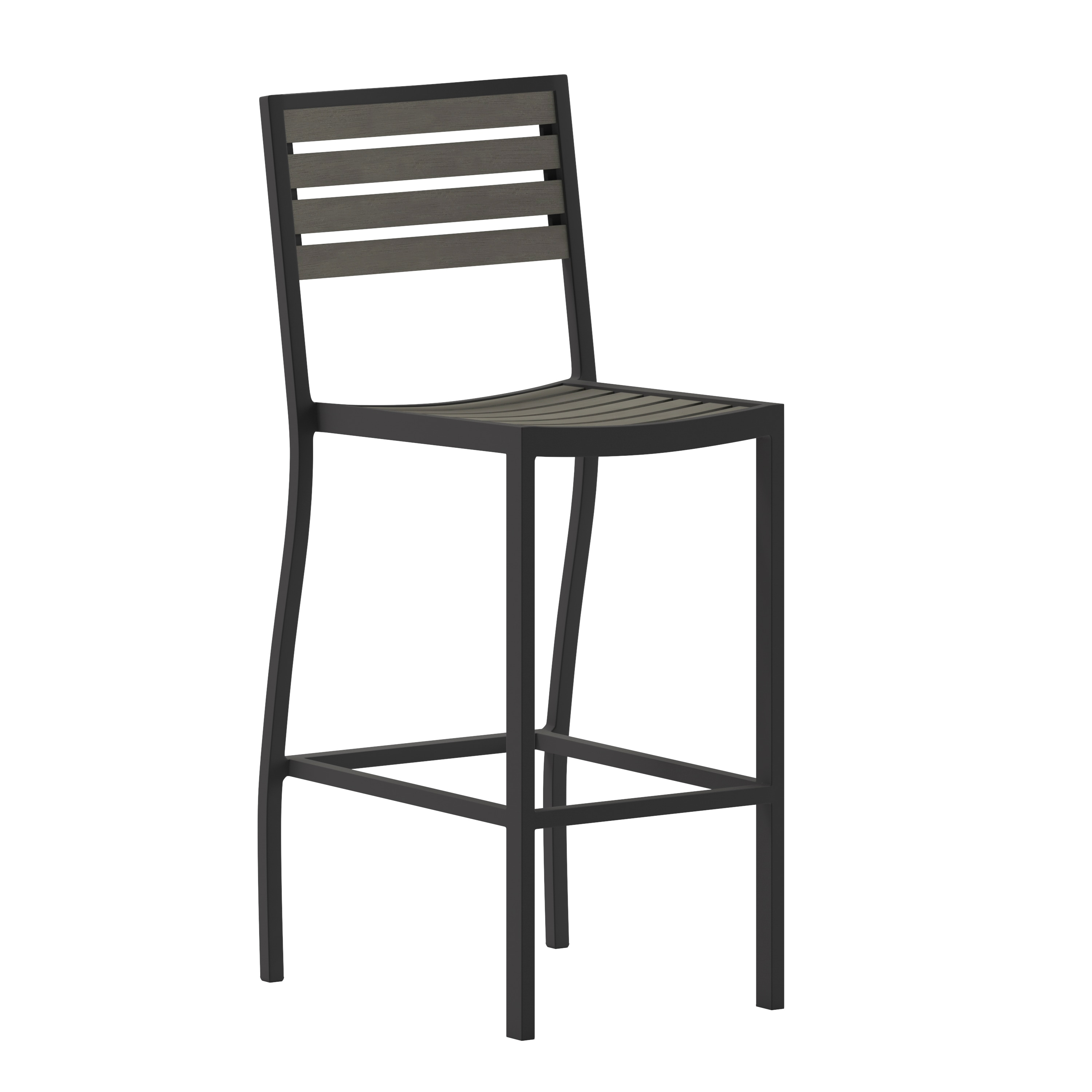 Flash Furniture 196861093326 Lark Commercial Grade Bar Height Stool; All-Weather Outdoor Bar Stool with Faux Wood Poly Resin Slats and Aluminum Frame; Gray Wash