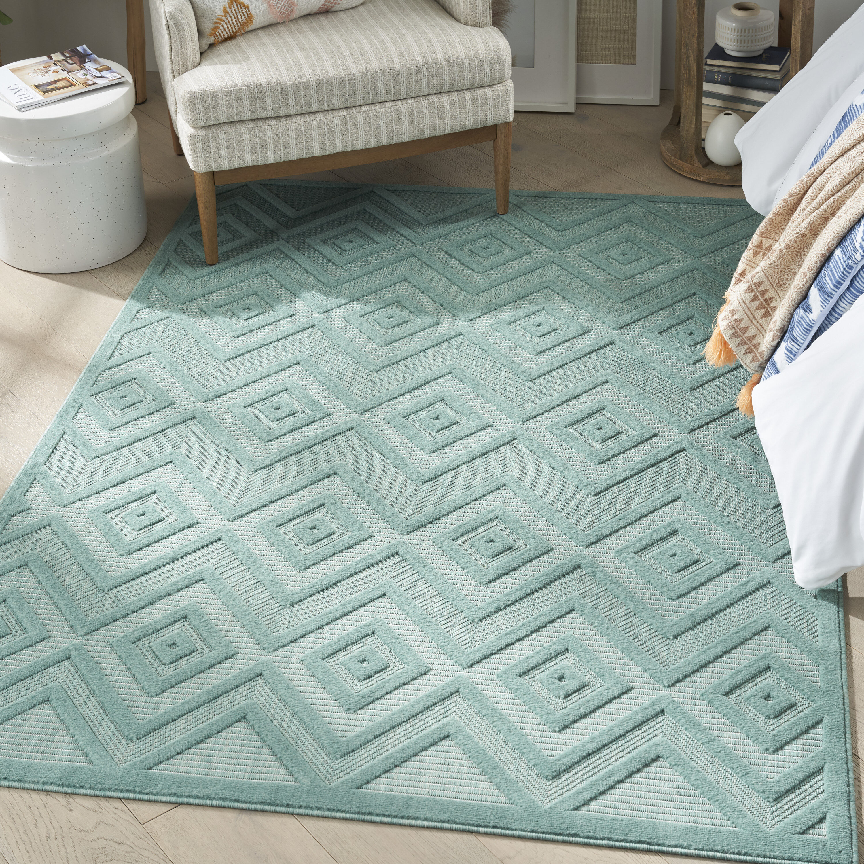 Nourison 099446043795 Versatile 5 x 7 (ft) Polypropylene Aqua/Teal Rectangular Indoor/Outdoor Geometric Area rug