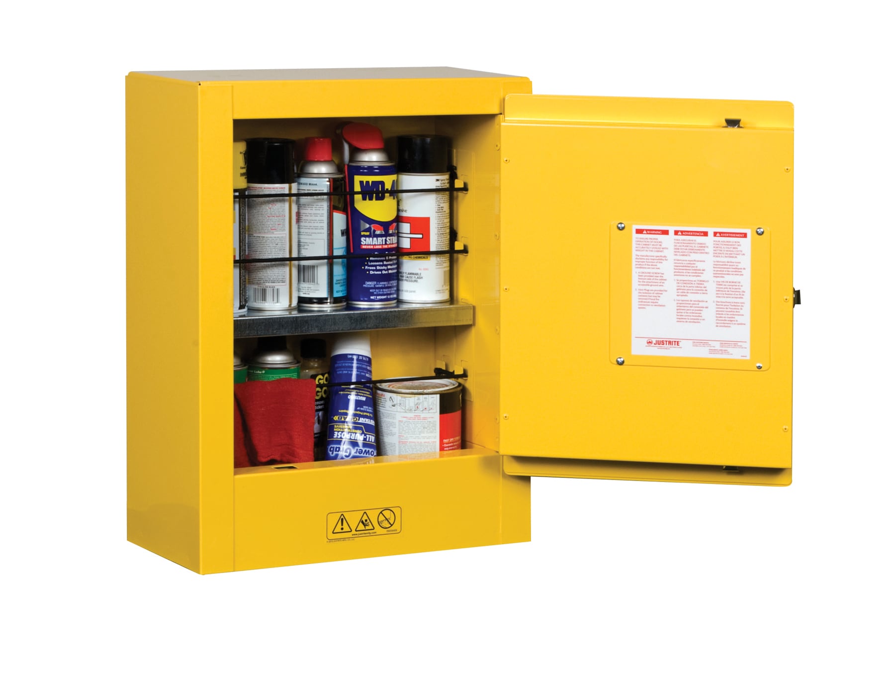 Justrite 890200  mini flammable safety cabinet, 2-gallon capacity, yellow, manual closing door