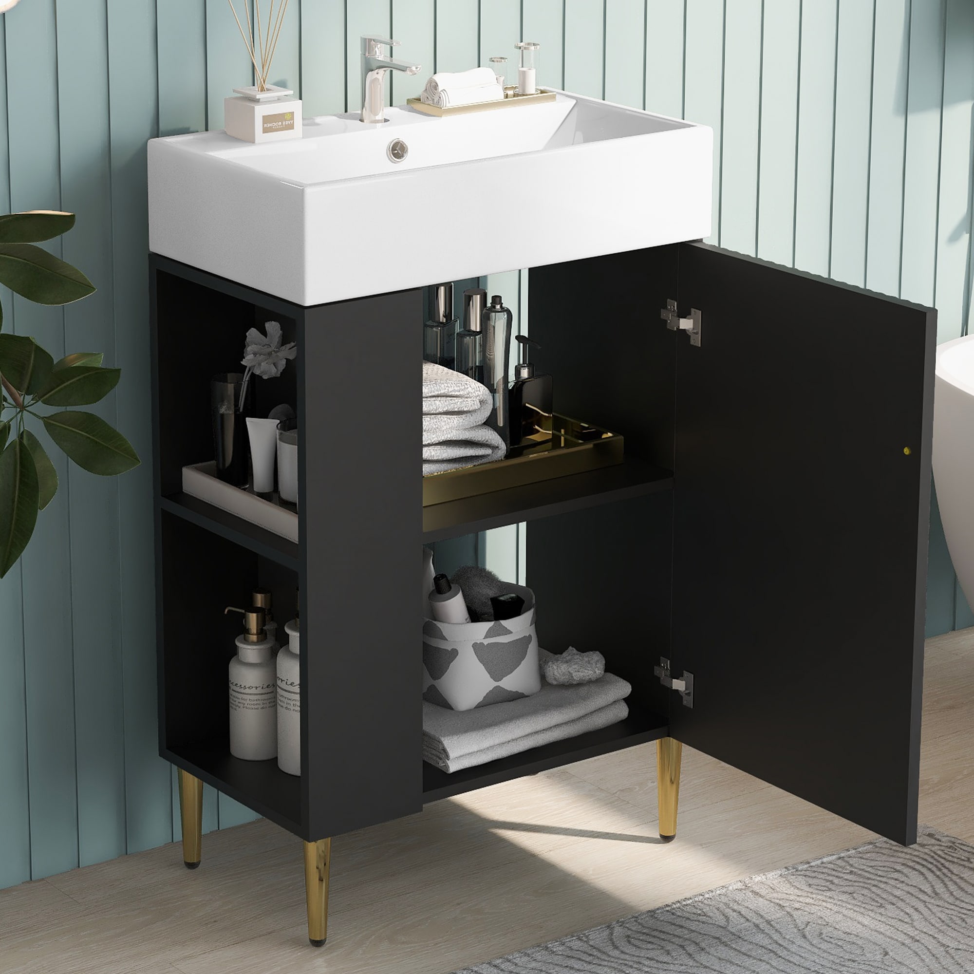 LUXEYARD 21.6Inch Black Bathroom vanity Combo Cabinet Bathroom Storage Cabinet Single Ceramic Sink Left side storage