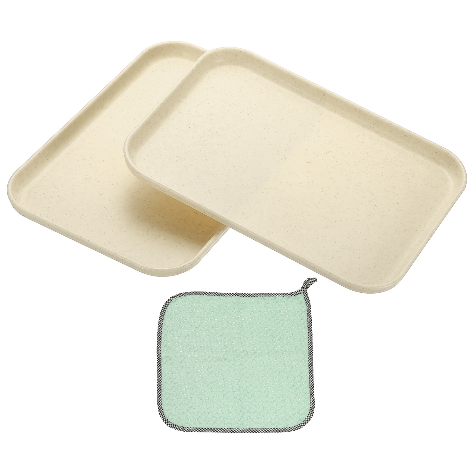PATIKIL 9.5x6.9 Inch Plastic Tray 2pcs Rectangular Plates Small Food Tray Wheat Plates Dishes Reusable Dessert Plate Trays with Cloth for Cake Fruits Salad Cupcake Steak Serving Beige