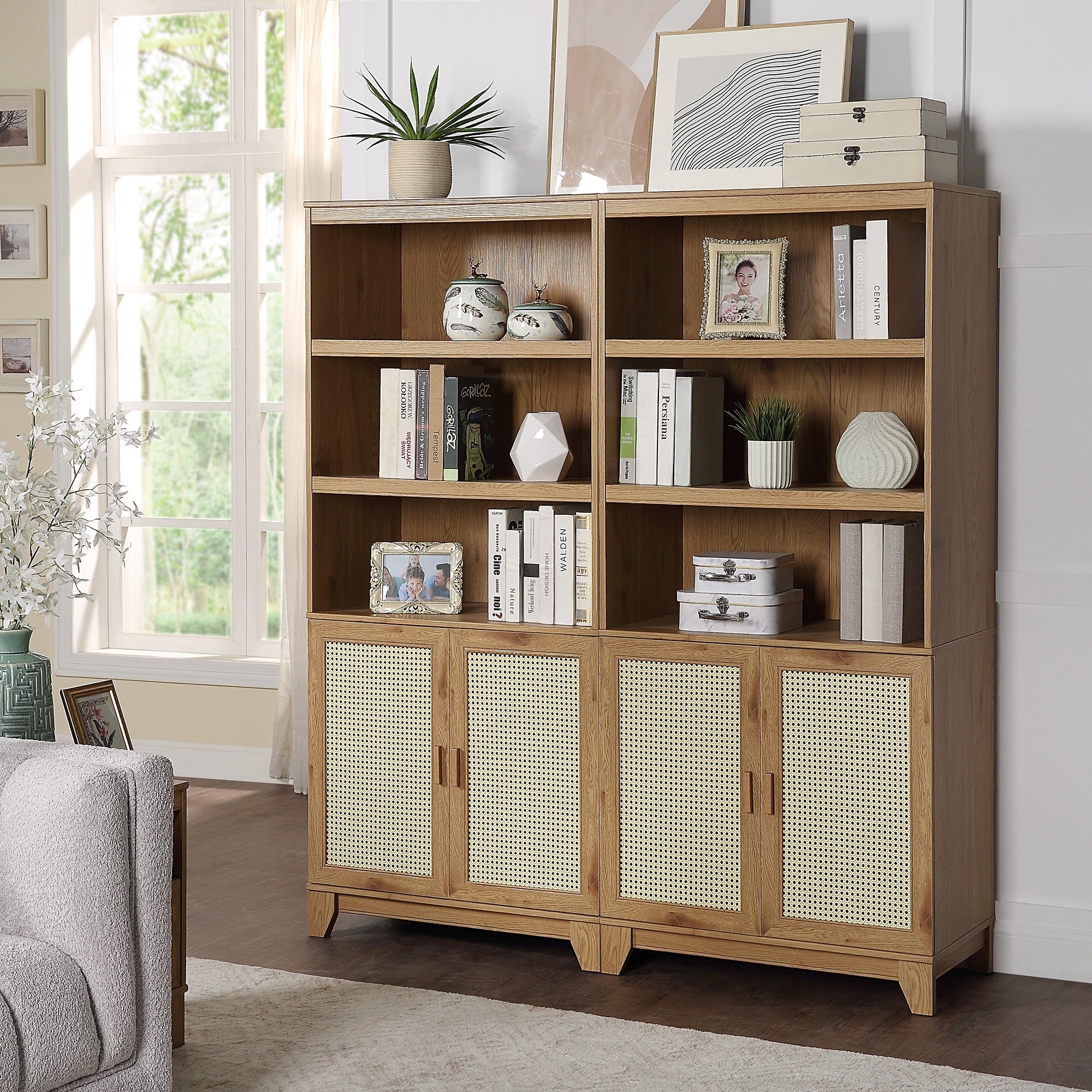Manhattan Comfort 2-BC-6GLF-NA Nature Composite 14 -Shelf Bookcase with Doors ( 62.98-in W x 70.86-in H x 17.71-in D ) Finished
