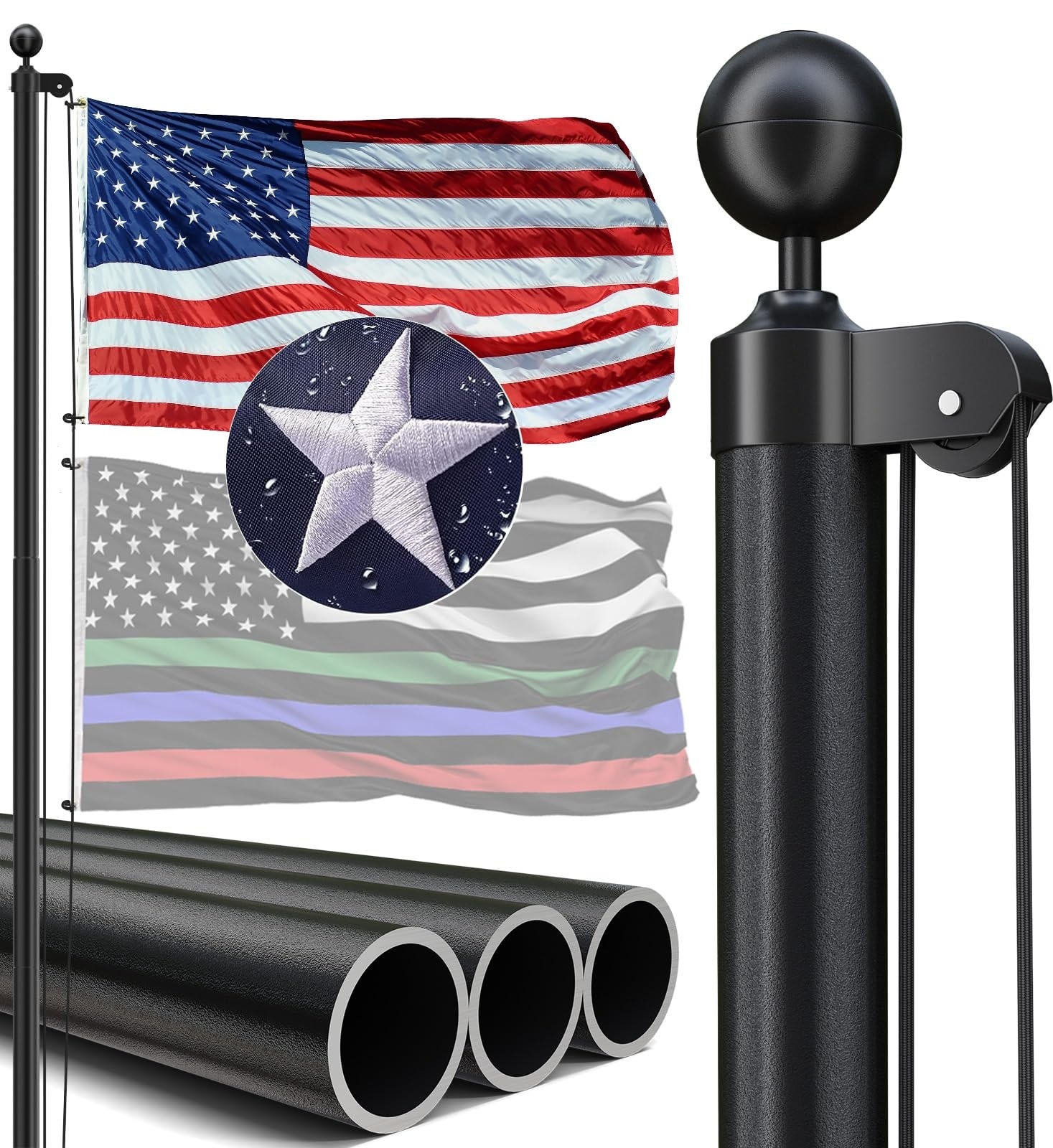 ITOPFOX  25FT Heavy Duty Flag Pole Kit 12 Gauge Aluminum Wind Tested to 100MPH Large Base for Stability Includes USA Flag and Hardware for Two