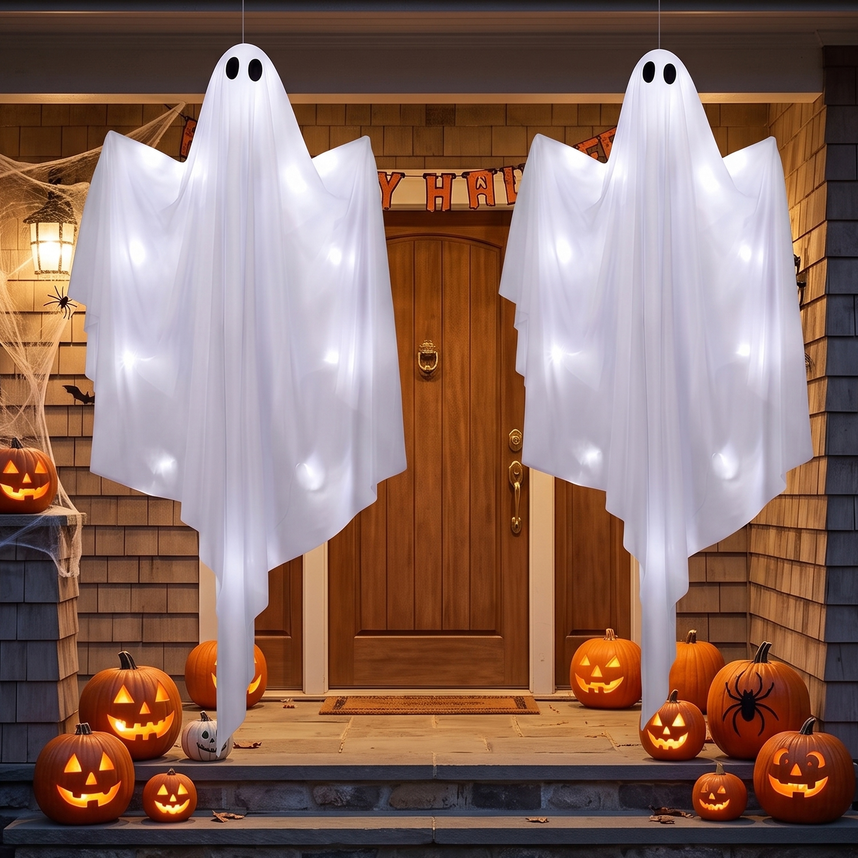 Joyfy  2 Pcs Halloween 47 Inch Hanging White Ghost with White Light