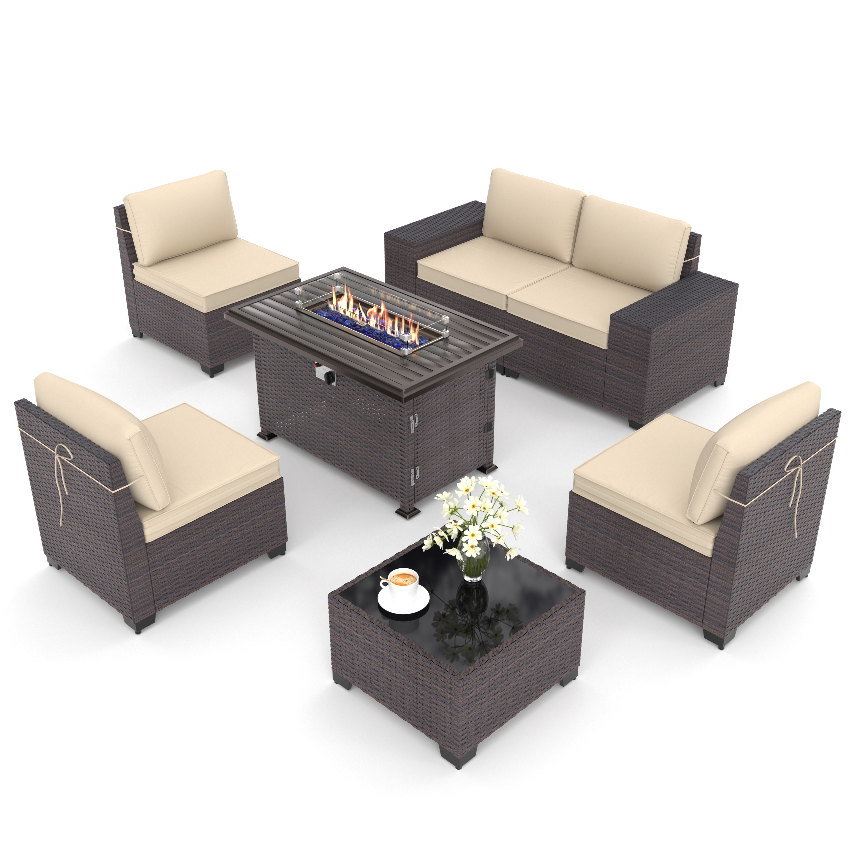 ALAULM LS-6PCS+FP-SAND 7 -Piece Wicker Patio Sofa Conversation Set with Brown Cushions