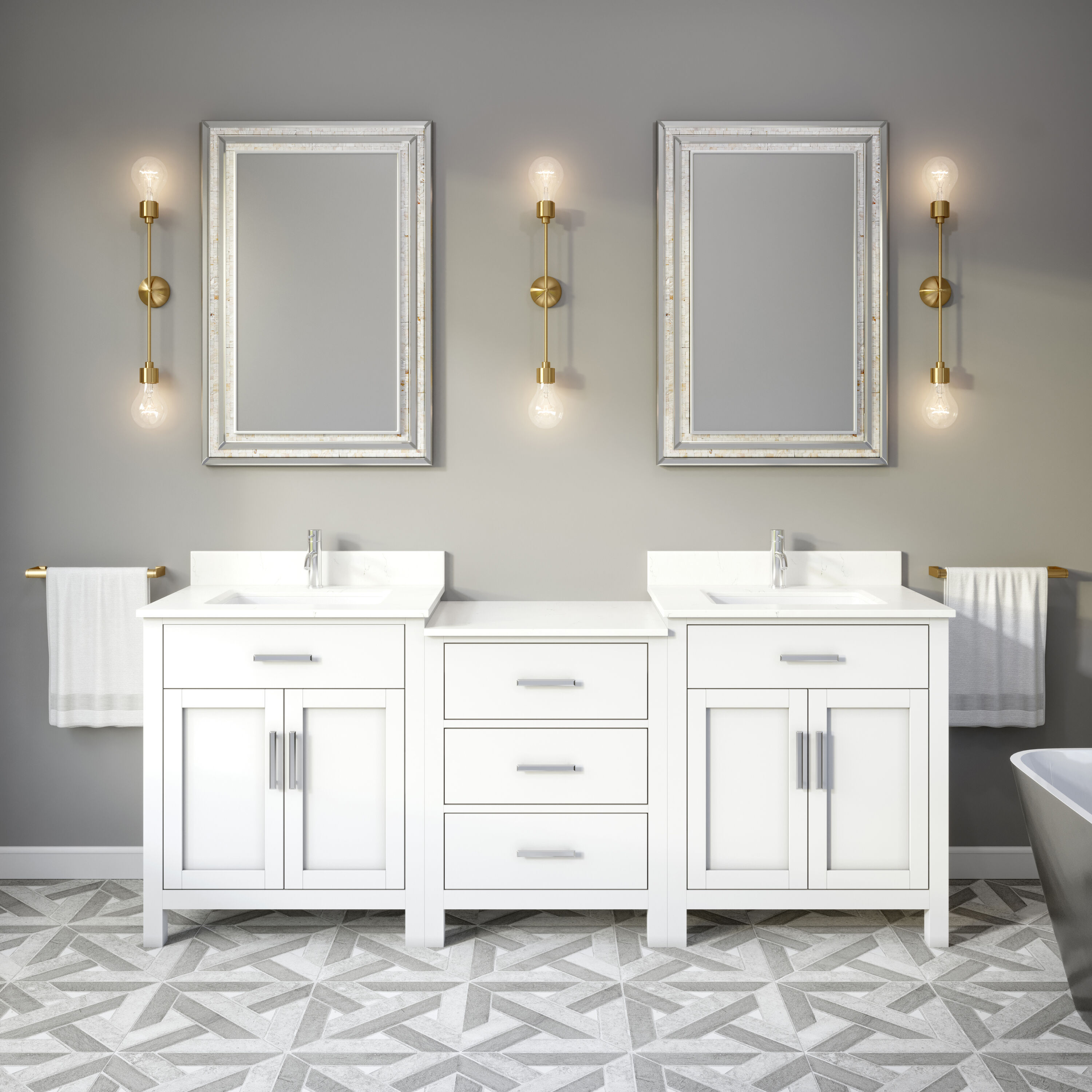Farmhouse 72 in Double Sink Bathroom Vanity in Grey with Calacatta Gold  Quartz Countertop