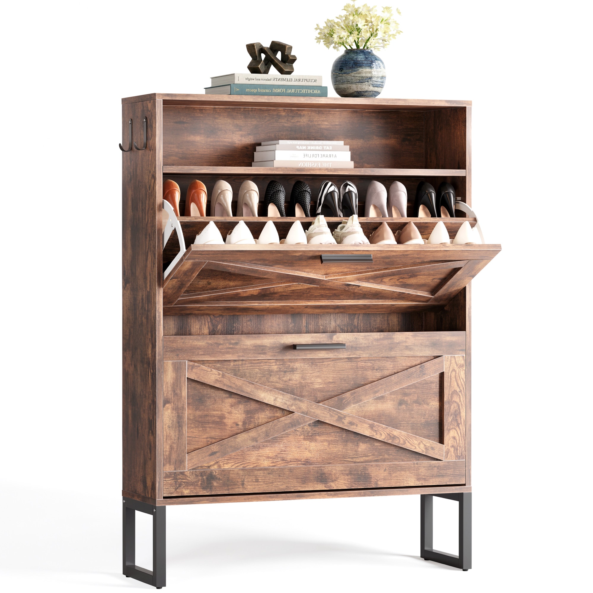 Fenbeli Farmhouse 2-Tier Flip Drawer Shoe Storage Cabinet with Hooks