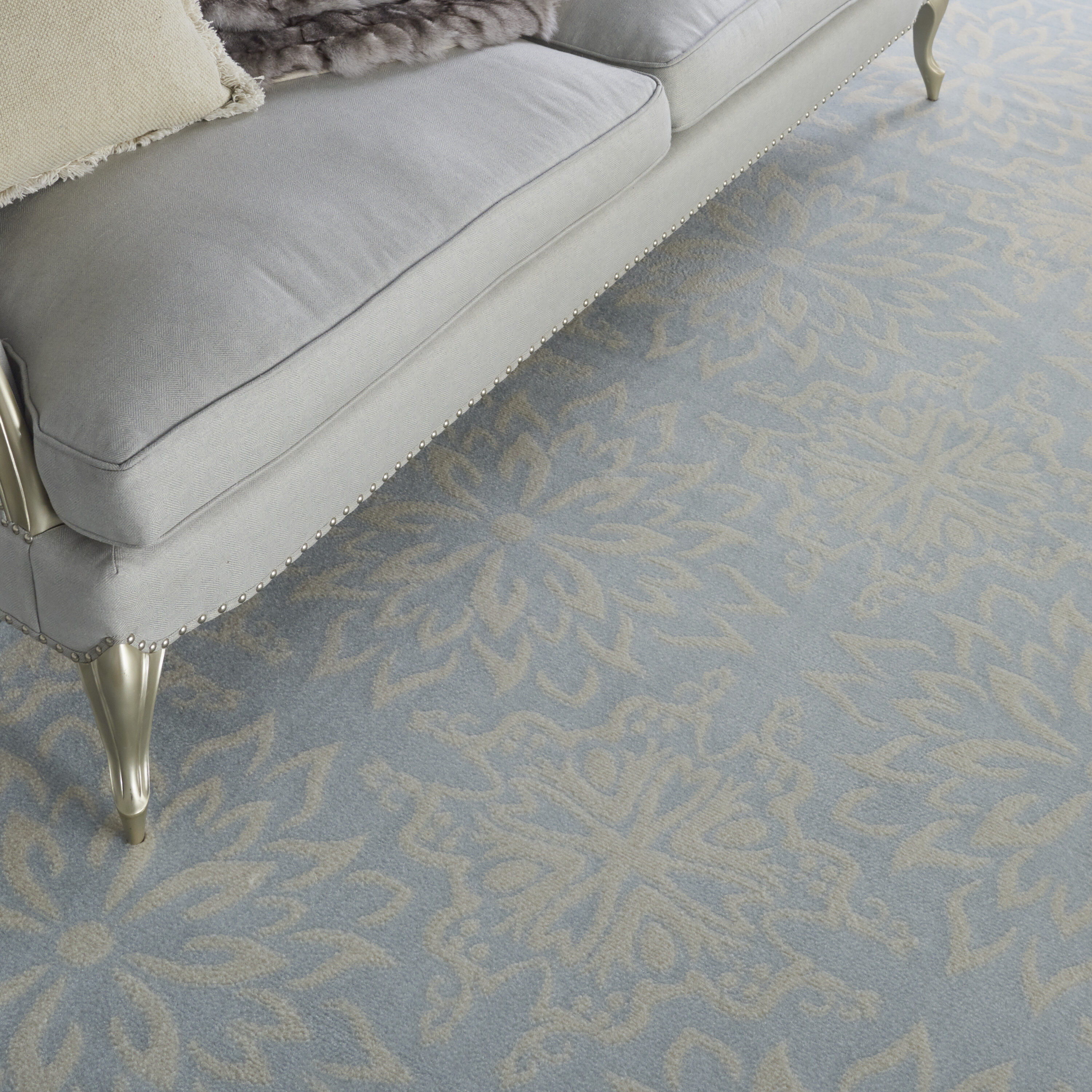 Ivory and Light Blue Floral 8' x 10' Viscose Area Rug