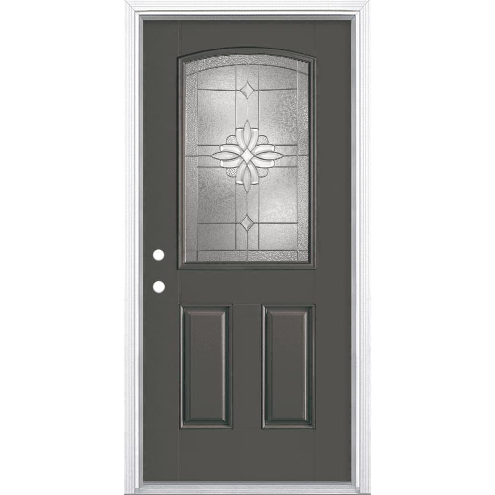 Masonite 997557 Laurel 36-in x 80-in Fiberglass Half Lite Right-Hand Inswing Timber Gray Painted Single Front Door with Brickmould Insulating Core