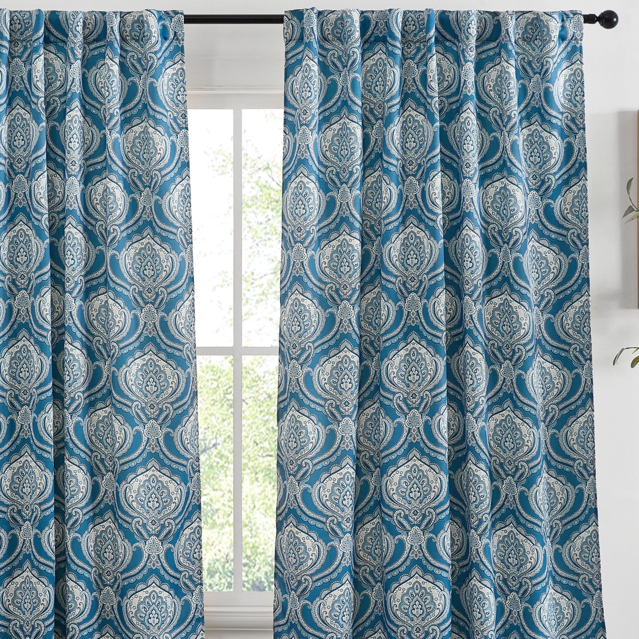 HLC.me MSNA-96-BLU Messina Paisley Back Tab Rod Pocket Curtains - Light Filtering Darkening Window Panels - Set of 2