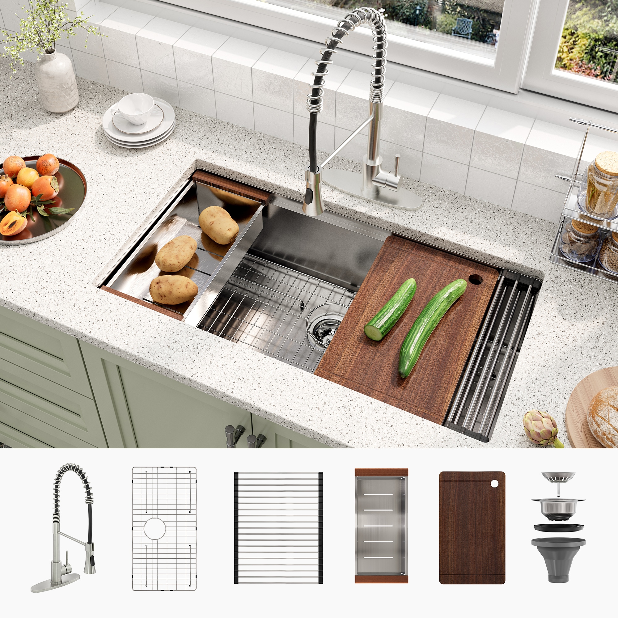 CASAINC CAKE07014U36N75 Undermount 36-in x 19-in Stainless steel Single bowl 18 -Gauge Workstation Kitchen Sink All-in-One Kit with Drainboard