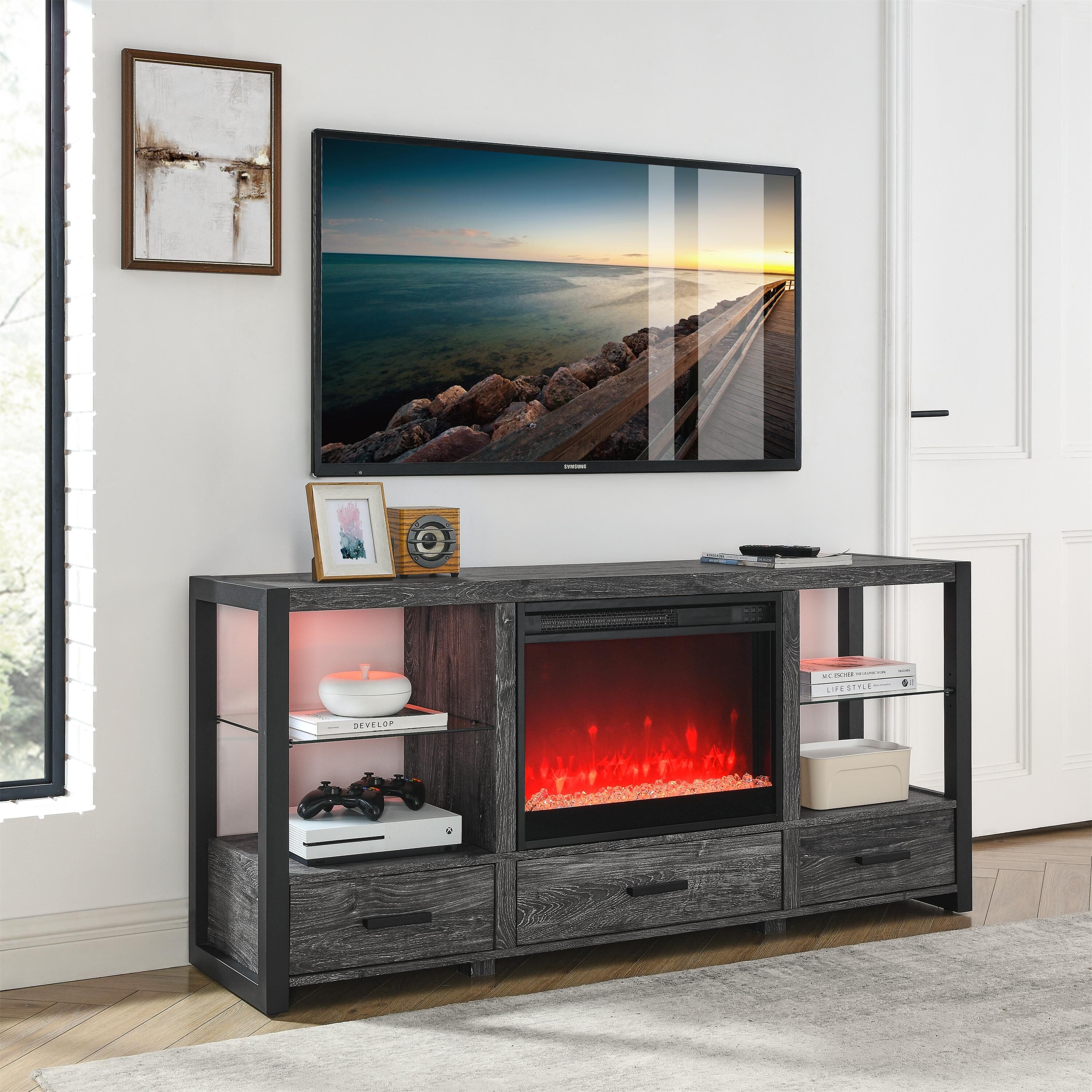 Bayfeve 60 in W Dark Rustic Oak TV Stand with Fan forced Wall mount Electric Fireplace with Remote Control Included BF 1438 FP at Lowes