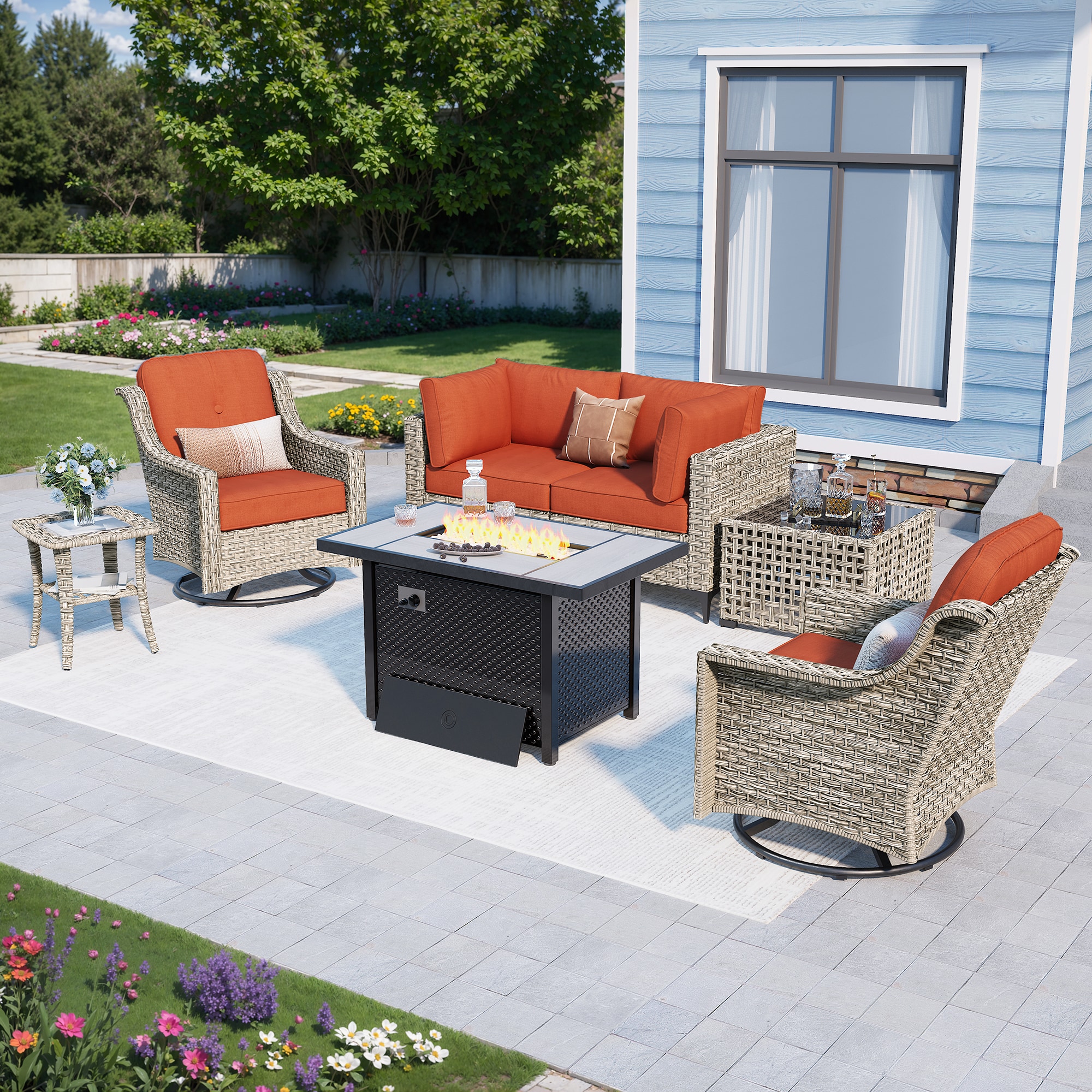 Caodoc L5-CFP03-YZSKT80C7-1 YZSKT Wicker Outdoor Sectional with Red Cushions and Rattan Frame