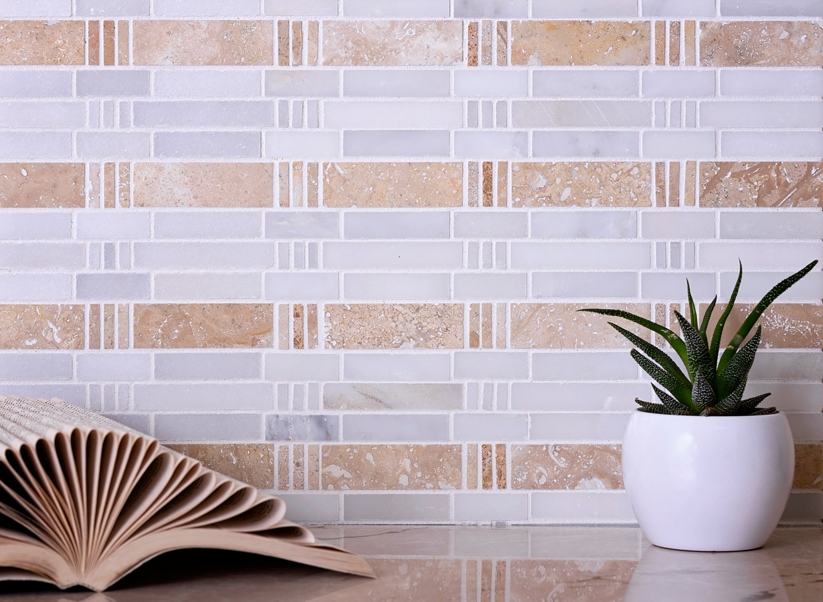 Beige and White Polished Marble Mosaic Tile 12" x 12"