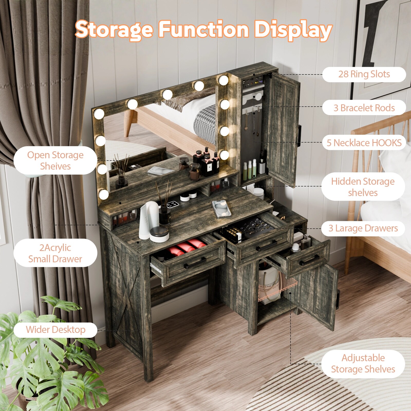 GlasFlength Makeup Vanity with Triple Mode Lighting Jewelry Organizer ...