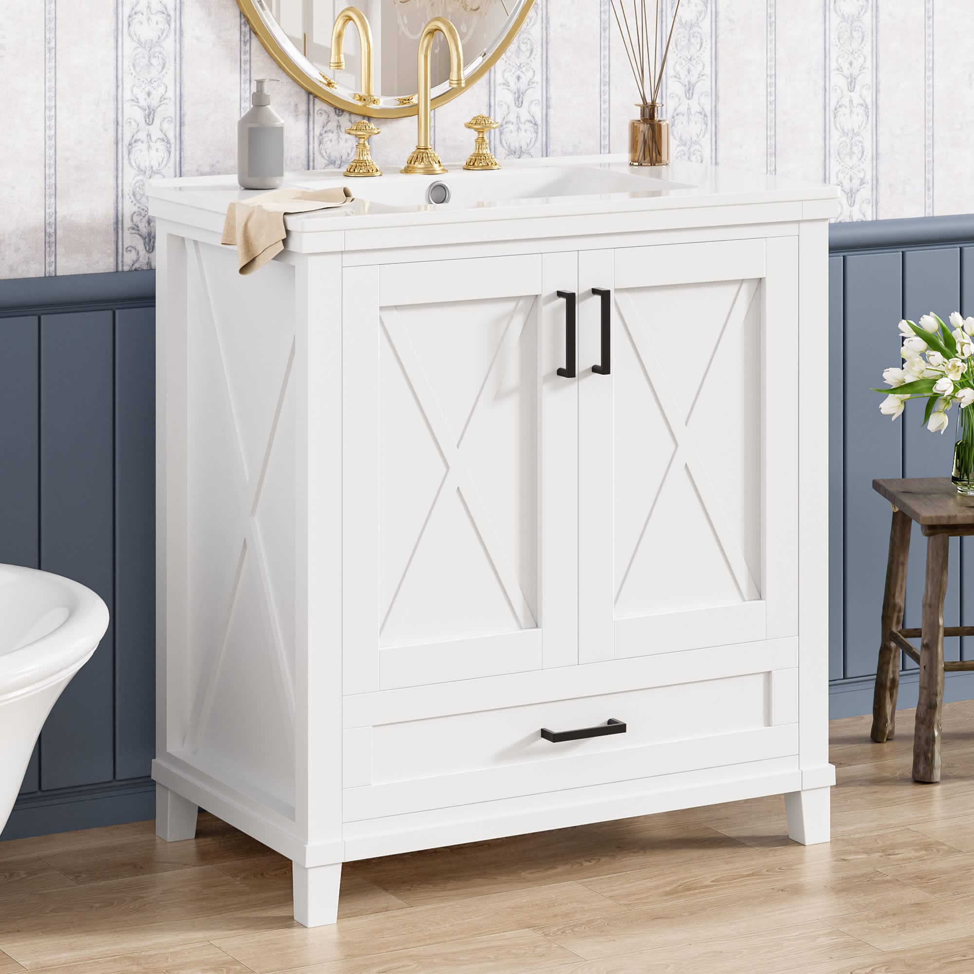 JCFL 30-inch White Bathroom Vanity with Single Sink and Dual Storage Shelves