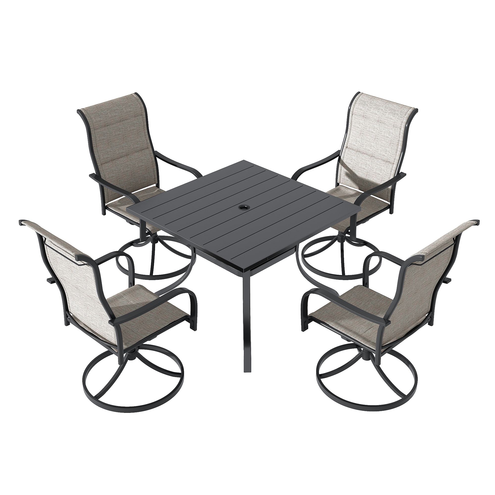 Clihome TM-09SH-CBL 4Pcs Swivel Chairs with 1 Square Table 5 -Piece Black Woven Patio Dining Set Iron Square Table with 4 Brown Swivel Chairs
