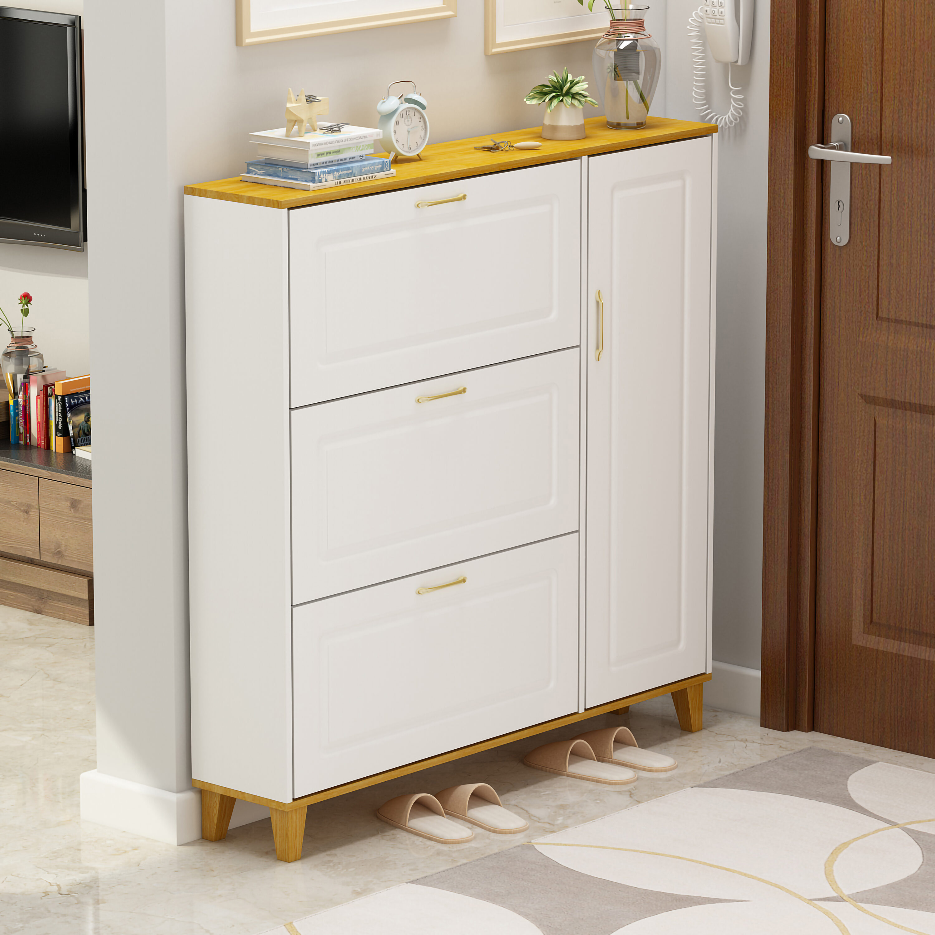 FUFU&GAGA 42.6-in H 3 Tier 18 Pair White Composite Shoe Cabinet in