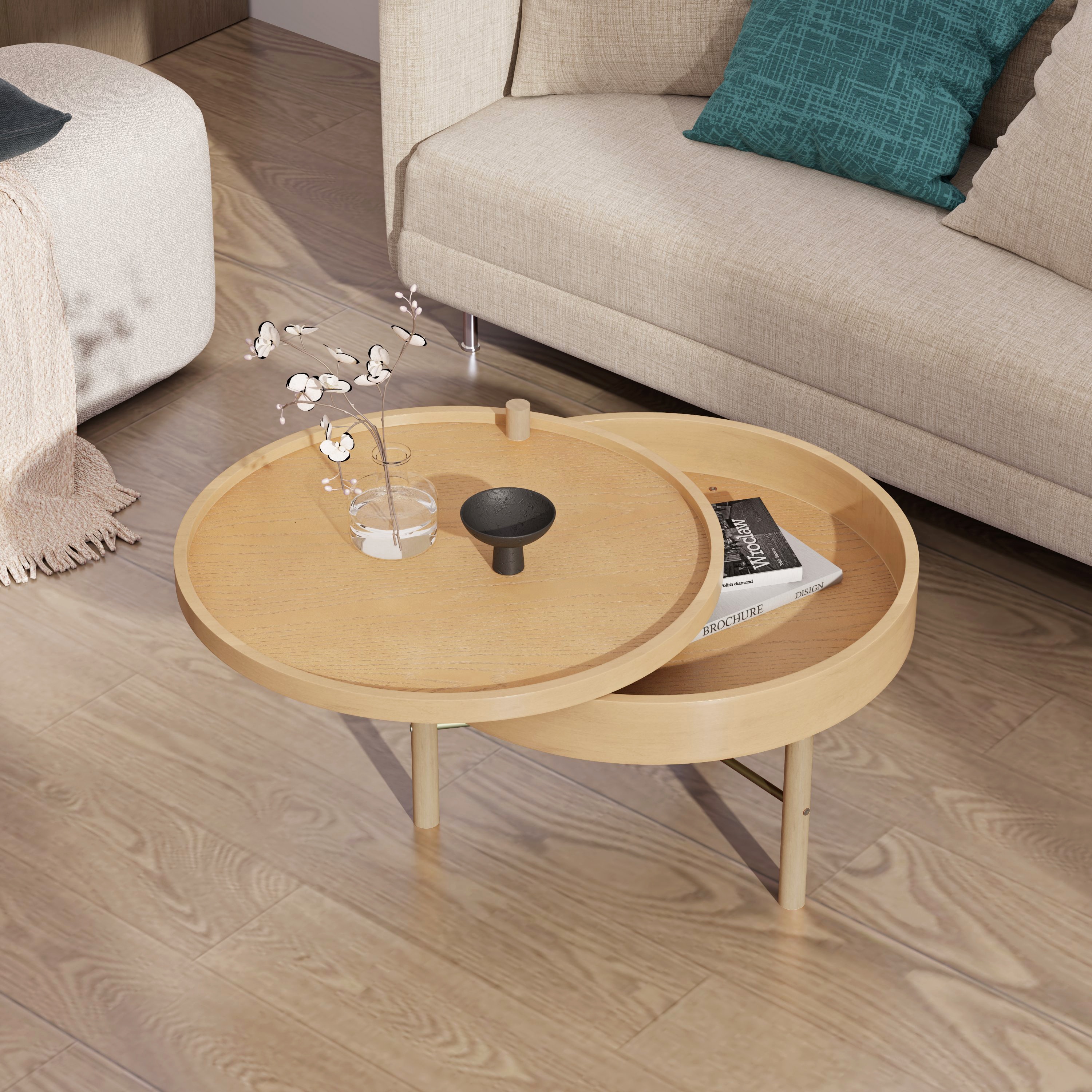 ModernLuxe L3P-N735P185132N Modern Round Wood Rotating Tray Coffee Table with Storage  Metal Legs in Natural
