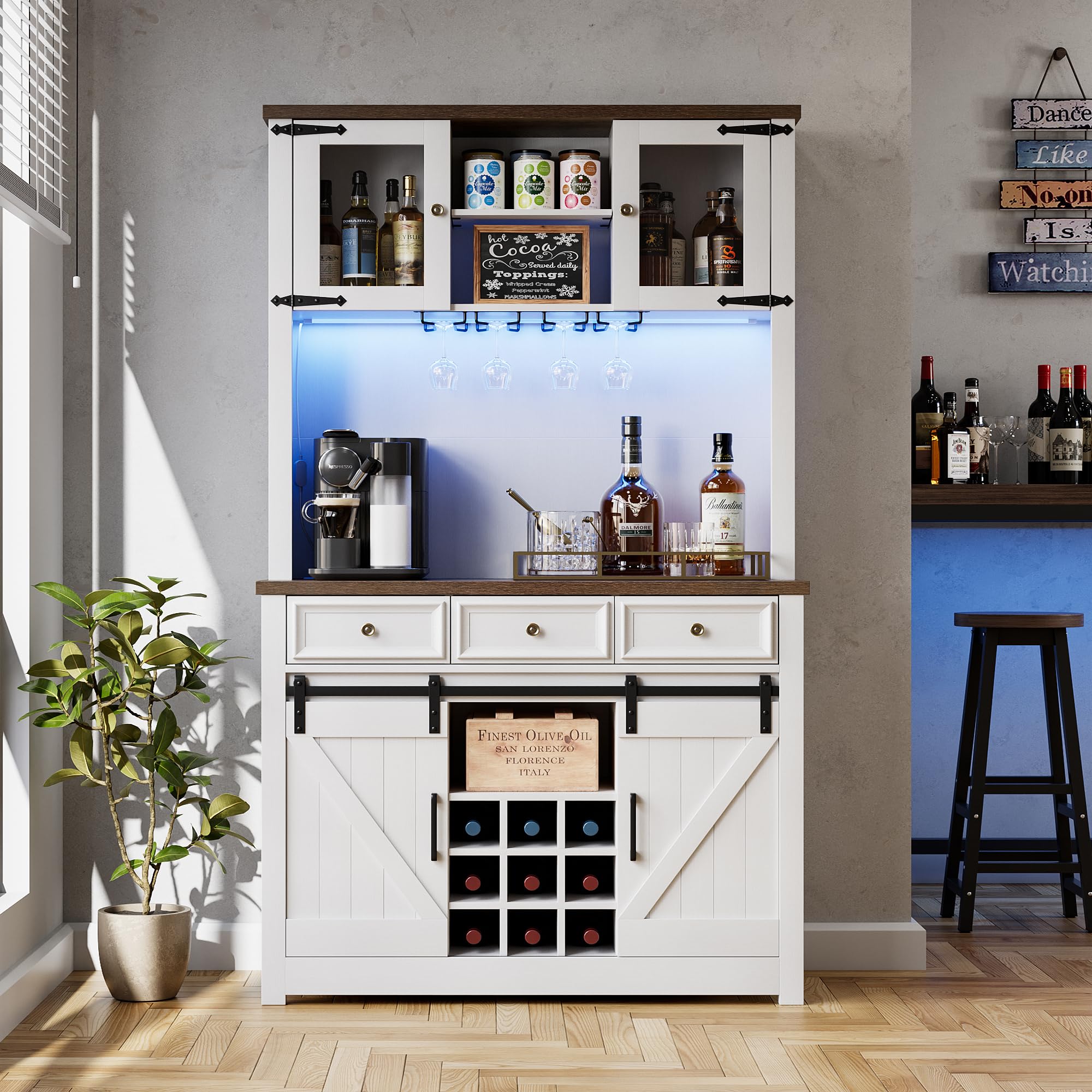 IdealHouse 72-Inch Modern Farmhouse Coffee Bar Cabinet with LED Lights and Built-In Power Outlets - Sliding Barn Doors Glass Rack and 3 Drawers - Kitchen Buffet with Wine Storage - for Home Bar Microwave - White and Brown