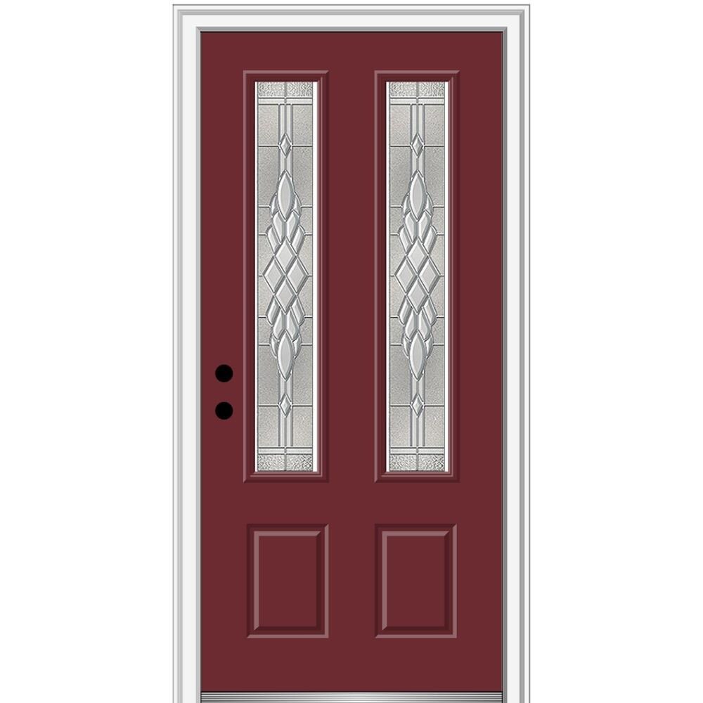 MMI DOOR ZZ3666985R 36-in x 80-in x 4-9/16-in Fiberglass Twin lite Right-hand inswing Burgundy Painted Prehung Front Door with Brickmould Insulating core